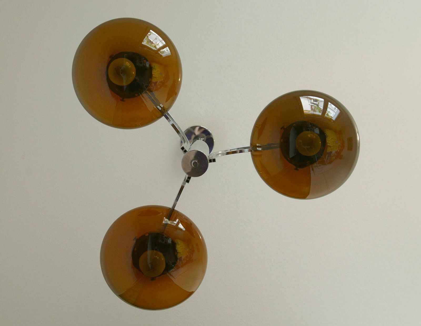 Large Vintage Chandelier / Spage Age / Yugoslavia 1970s / Chrome Pendant Light / Mid Century Modern / Amber Glass / Mcm Light Fixture photo Lighting