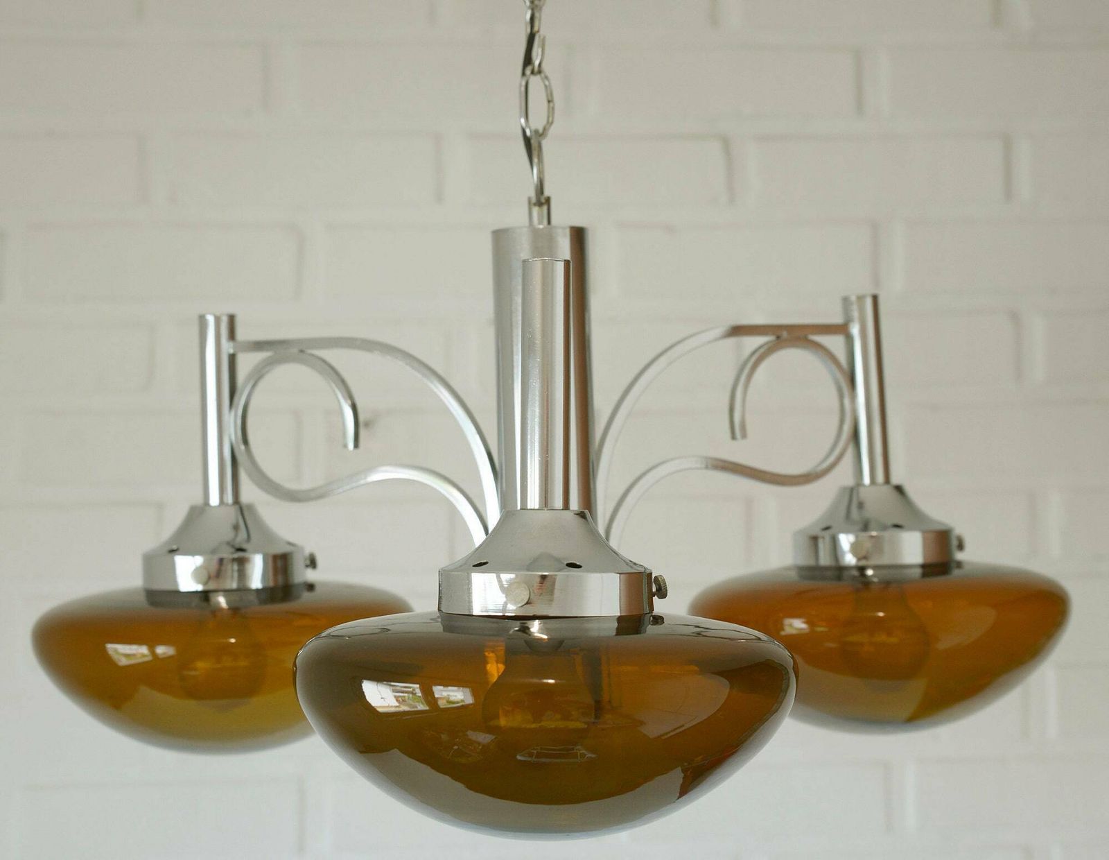 Large Vintage Chandelier / Spage Age / Yugoslavia 1970s / Chrome Pendant Light / Mid Century Modern / Amber Glass / Mcm Light Fixture photo buy