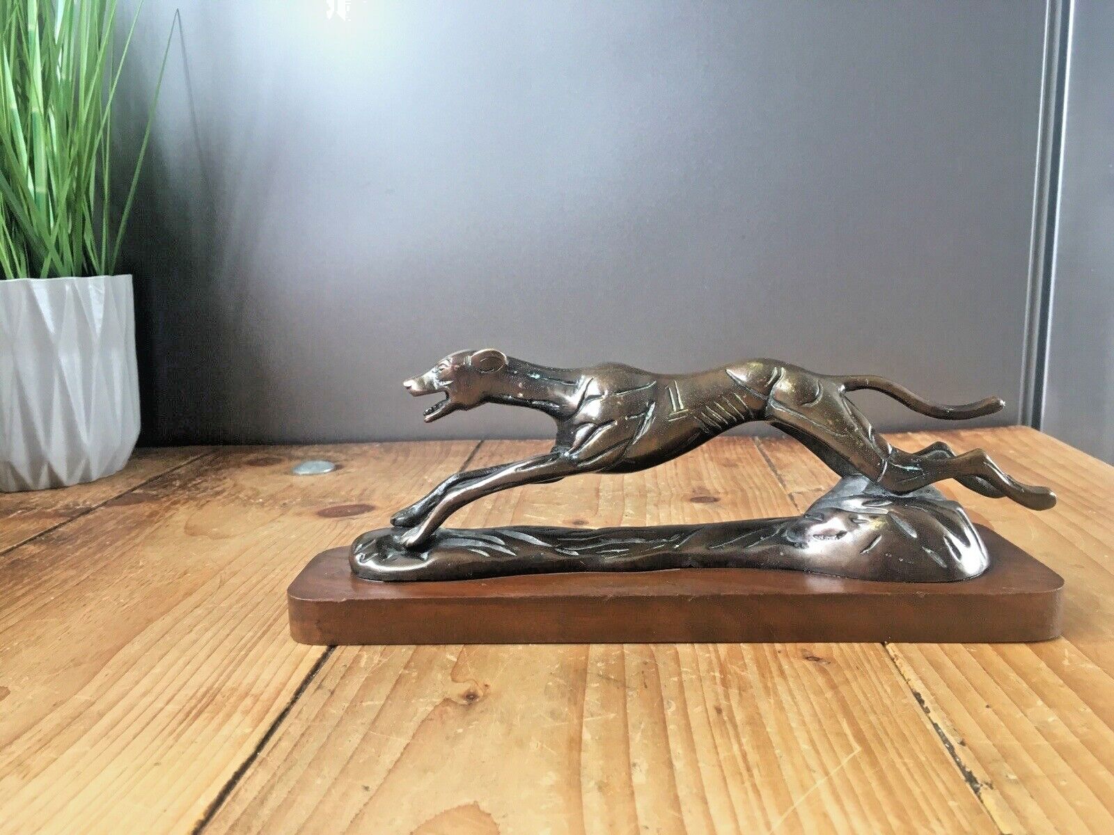 Vintage Bronzed Metal Greyhound Dog Whippet #1 Sculpture On Wooden Plinth Trophy photo furniture