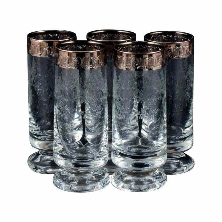 Murano, Italy, Five Mouth Blown And Engraved Drinking Glasses With Silver Rim