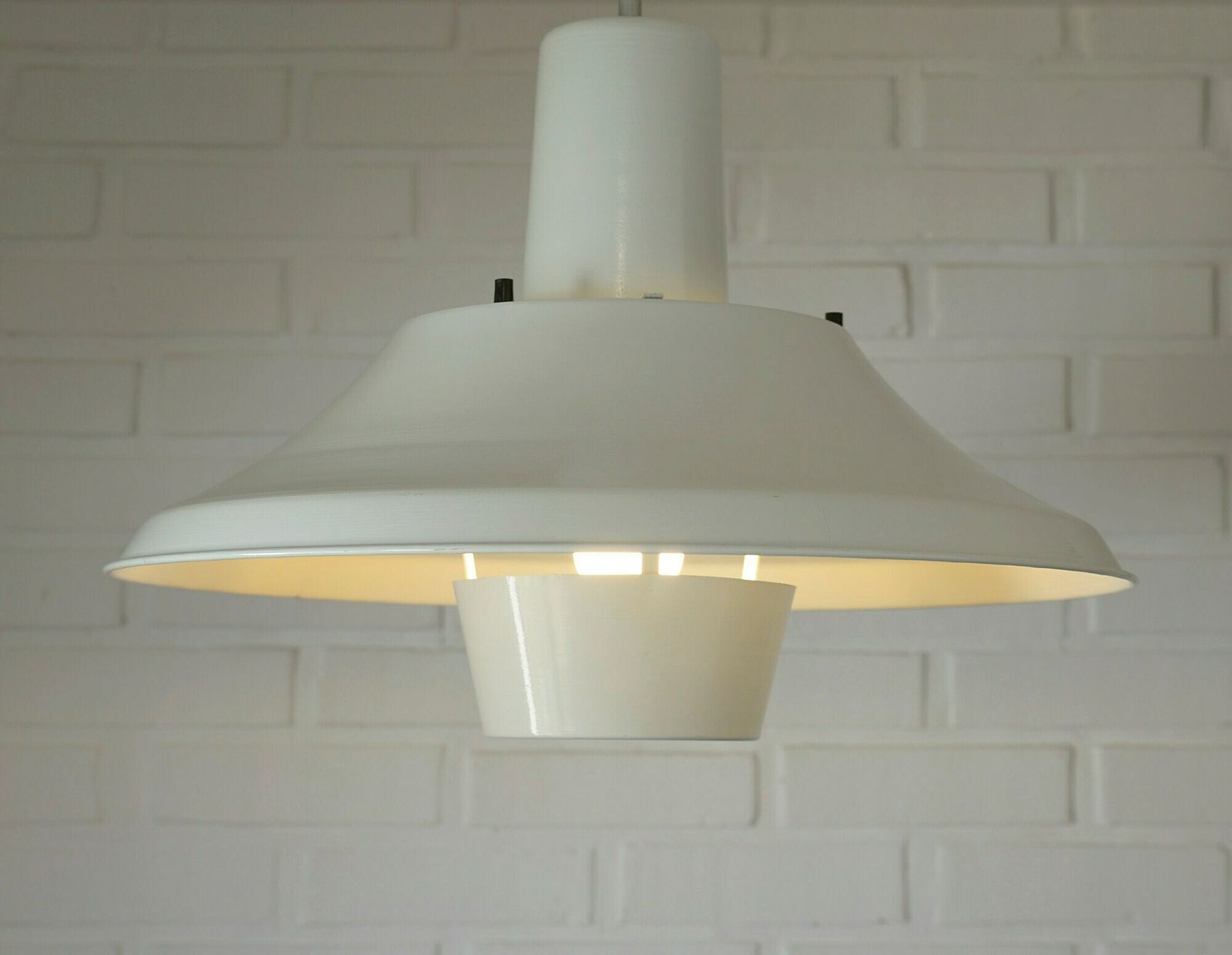 1 Of 2 Vintage Trumpet White Pendant Light / Mid Century Modern / Industrial School Chandelier / Made In Yugoslavia 70's photo vinterior