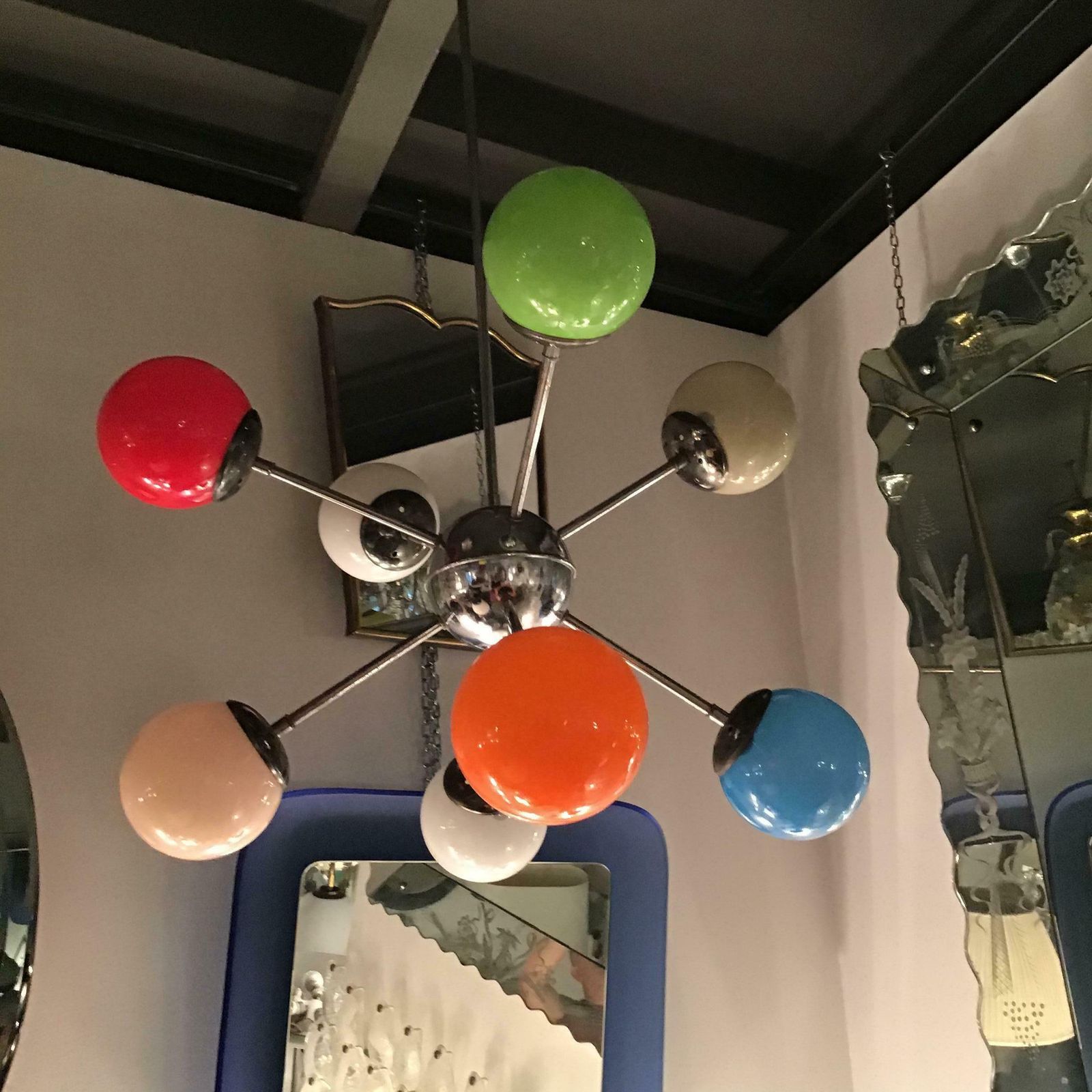 Stilnovo Chandelier 8 Light Metal Crome Opal Glass Or Shiny Glass 1958 Italy photo Lighting