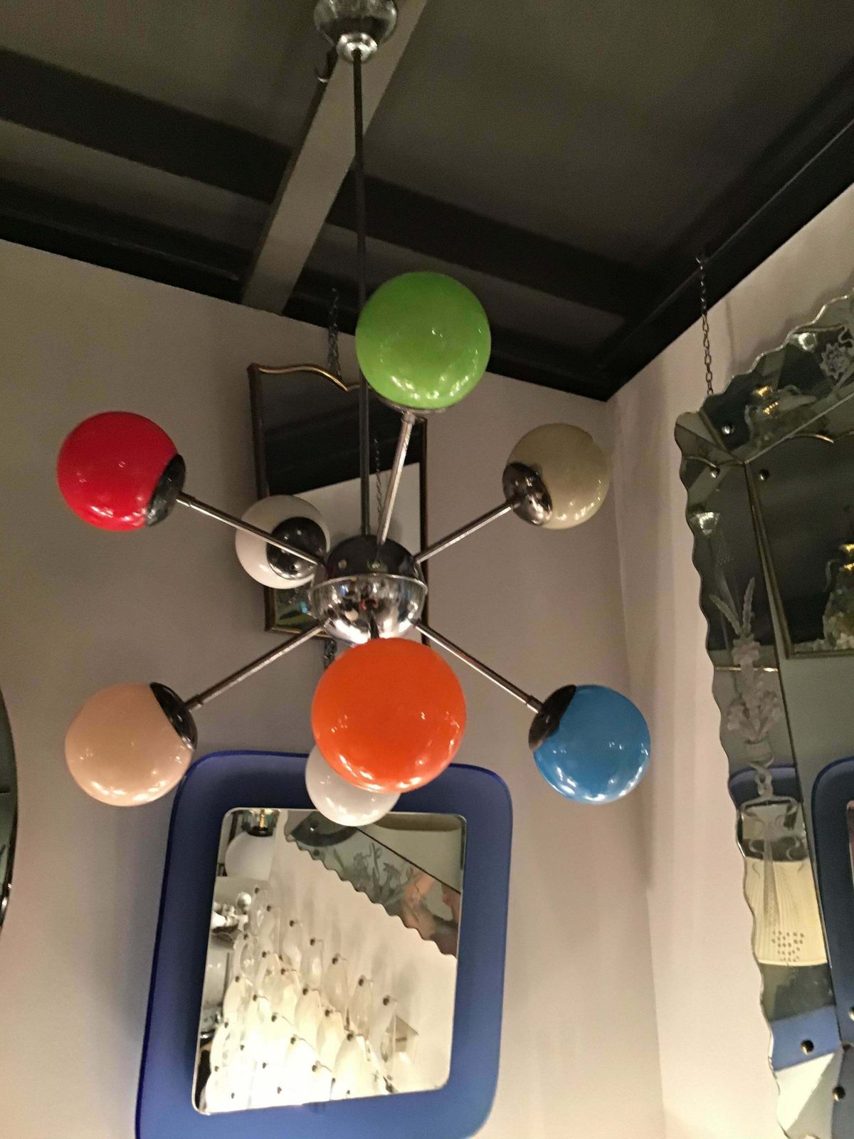 Stilnovo Chandelier 8 Light Metal Crome Opal Glass Or Shiny Glass 1958 Italy photo 2634.0