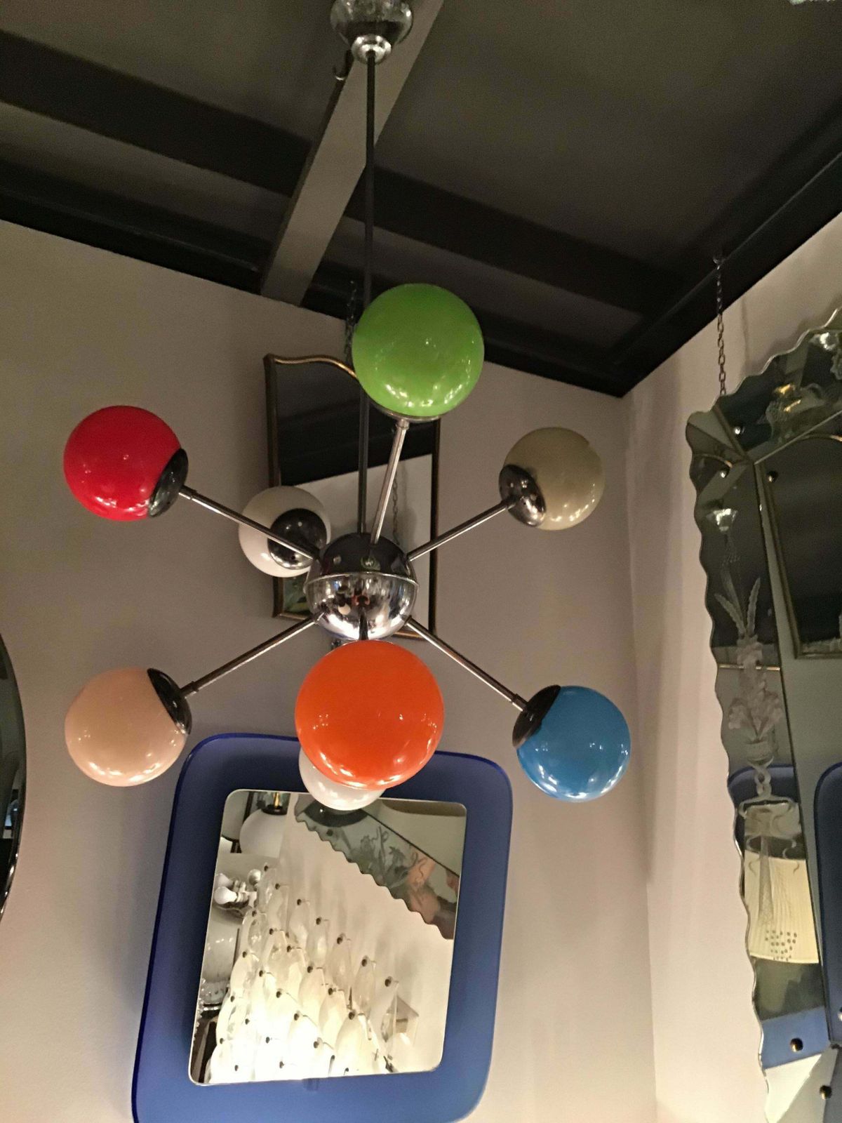 Stilnovo Chandelier 8 Light Metal Crome Opal Glass Or Shiny Glass 1958 Italy photo vinterior