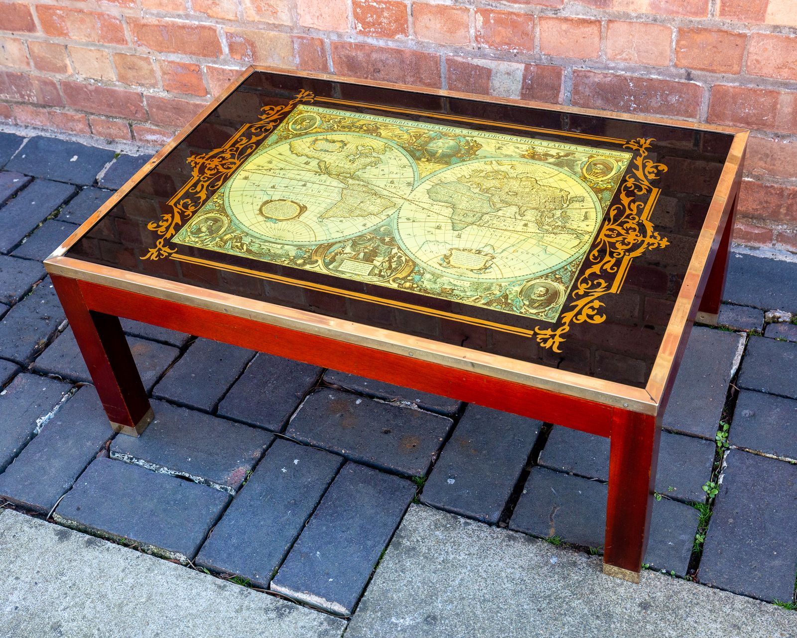 World Map Coffee Table Large Campaign Style Mid Century Atlas Glass Brass Mahogany Military Mcm 1960s photo furniture