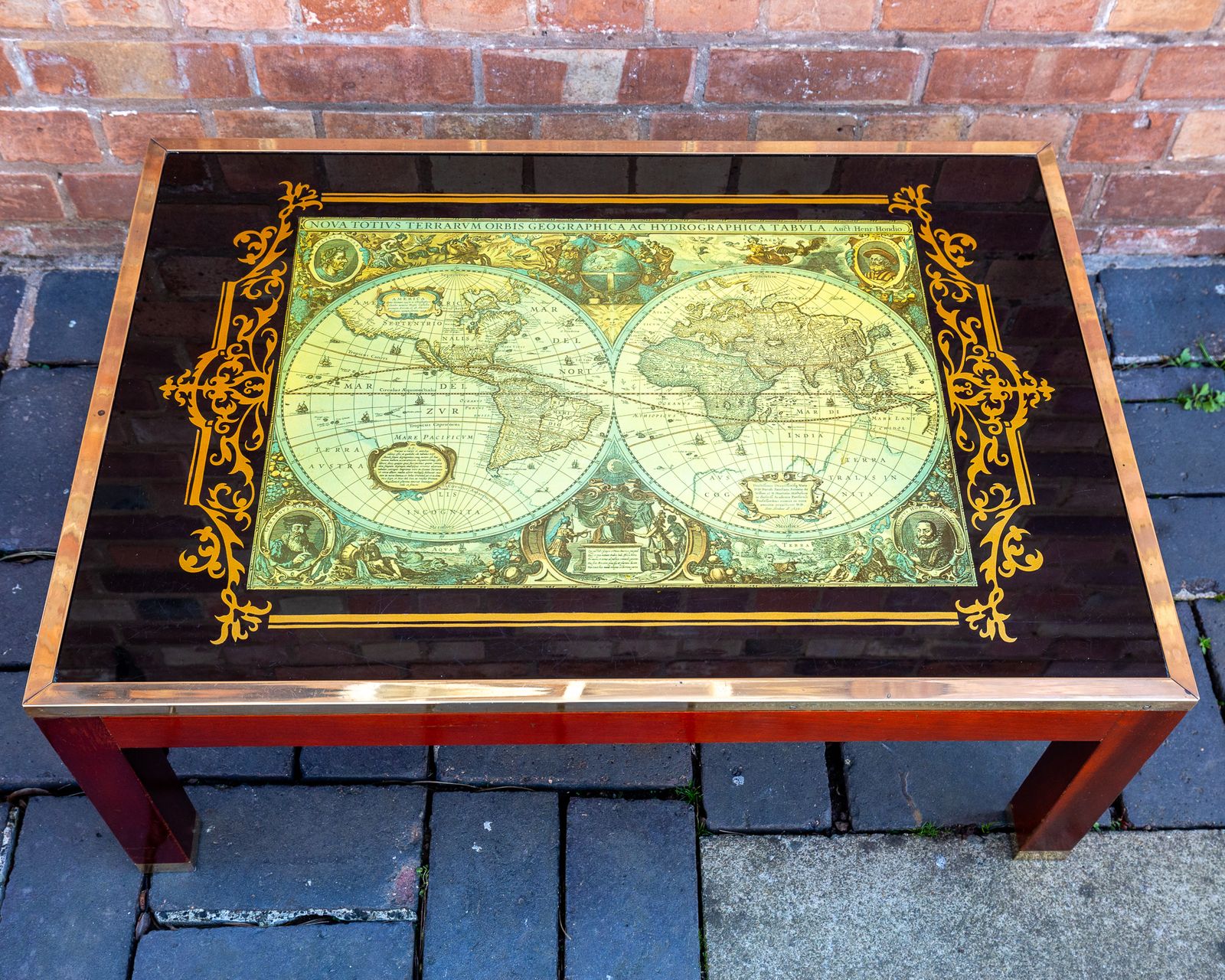 World Map Coffee Table Large Campaign Style Mid Century Atlas Glass Brass Mahogany Military Mcm 1960s photo Furniture