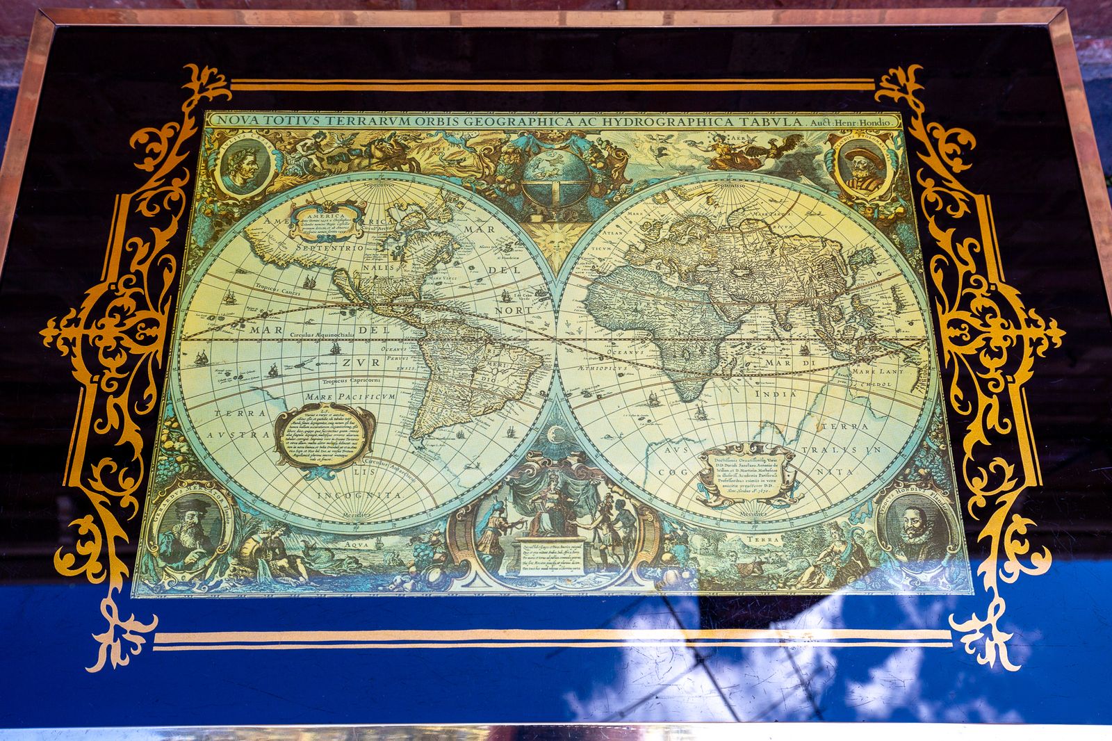 World Map Coffee Table Large Campaign Style Mid Century Atlas Glass Brass Mahogany Military Mcm 1960s photo vintage