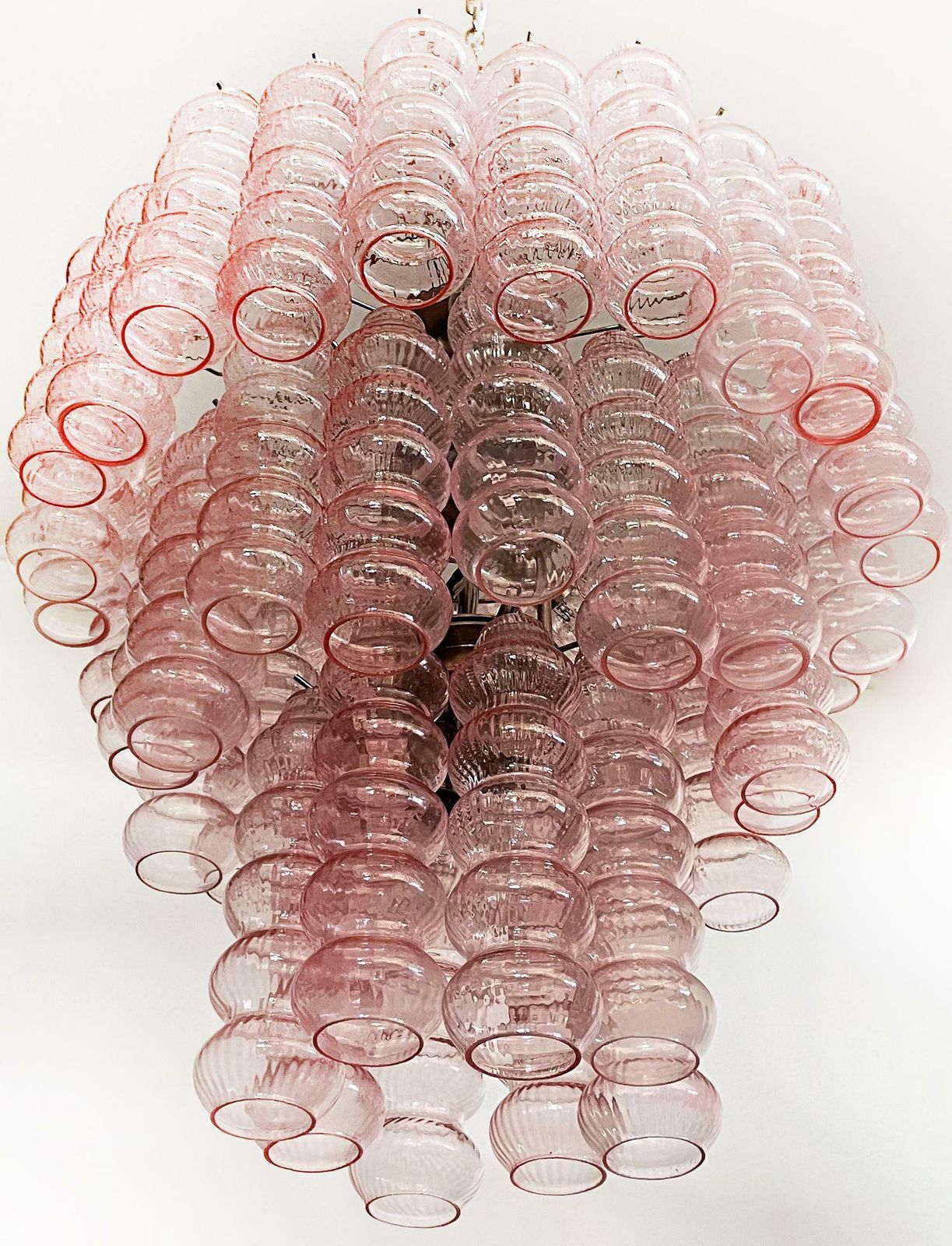 Three Tier Murano Glass Tube Chandelier, 48 Pink Glasses photo for sale