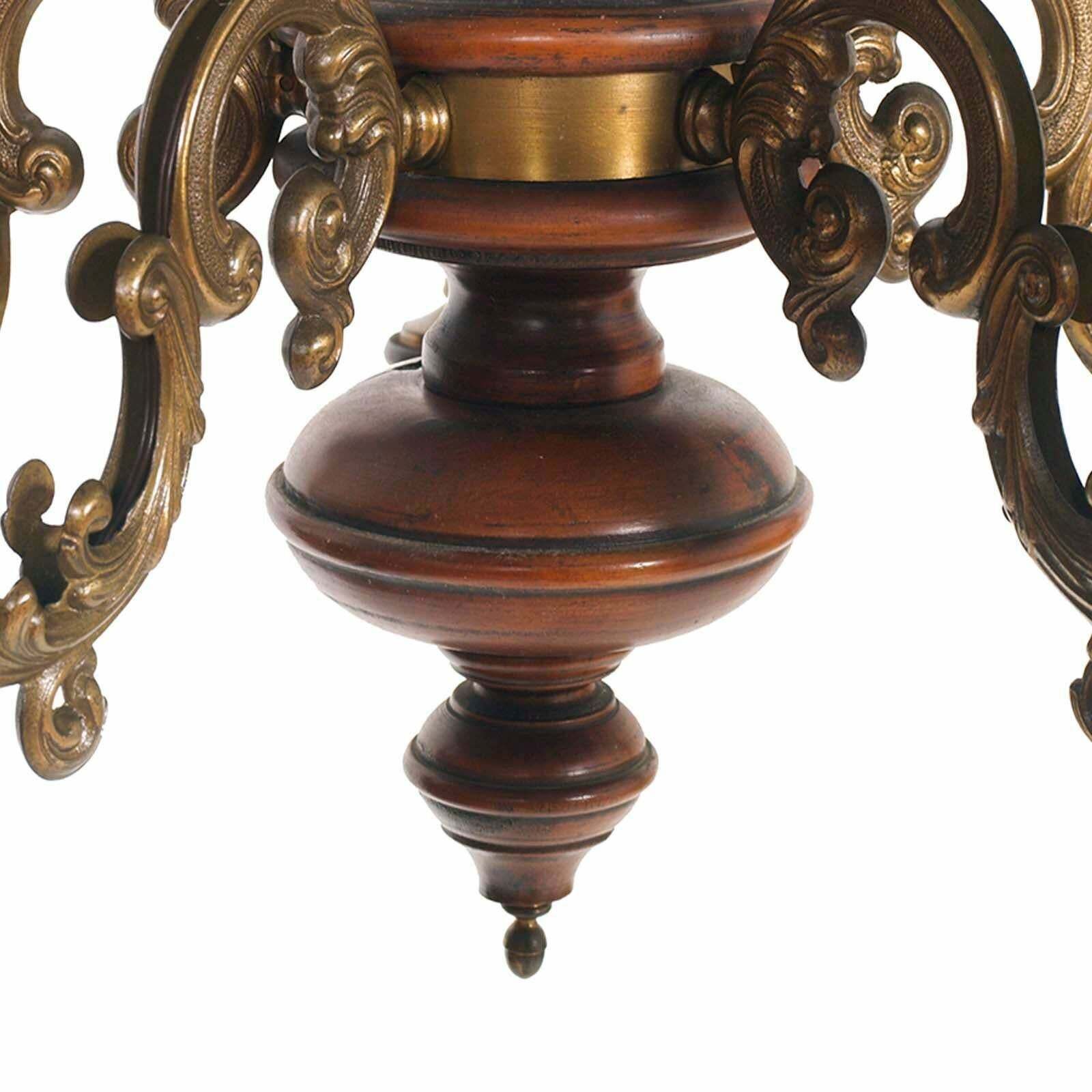 1950s Florentine Baroque Ceiling Chandelier, Turned Laquered Walnut And Bronze photo Home Decor