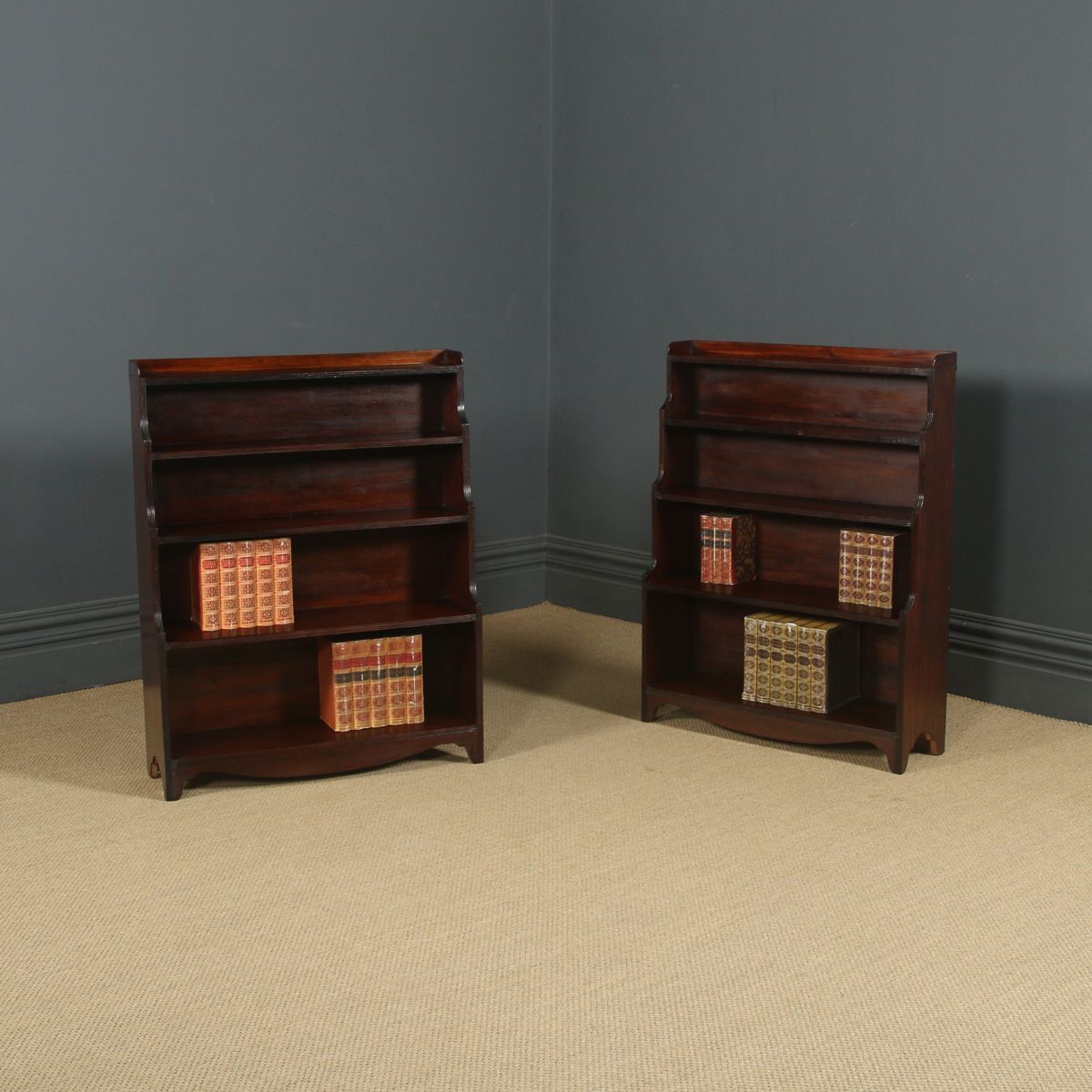 Anglo Indian Regency Style Teak Waterfall Pair Of Open Bookcases (Circa 1930)