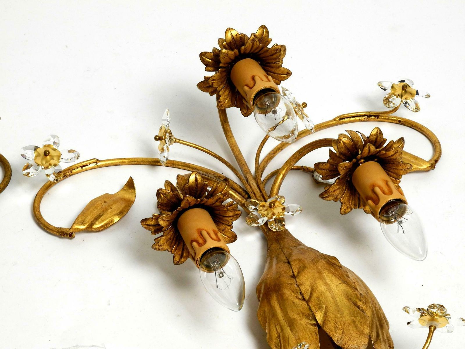 photo buy Pair Of Elegant Gold Plated Italian 1980's Floral Regency Murano Glass Sconces