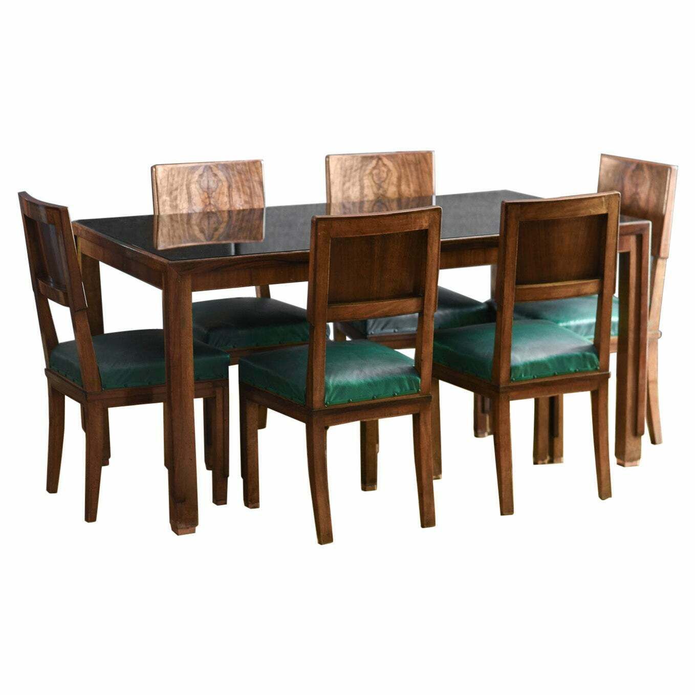 Mid Century Lounge Table W/Black Glass Top And Six Chairs
