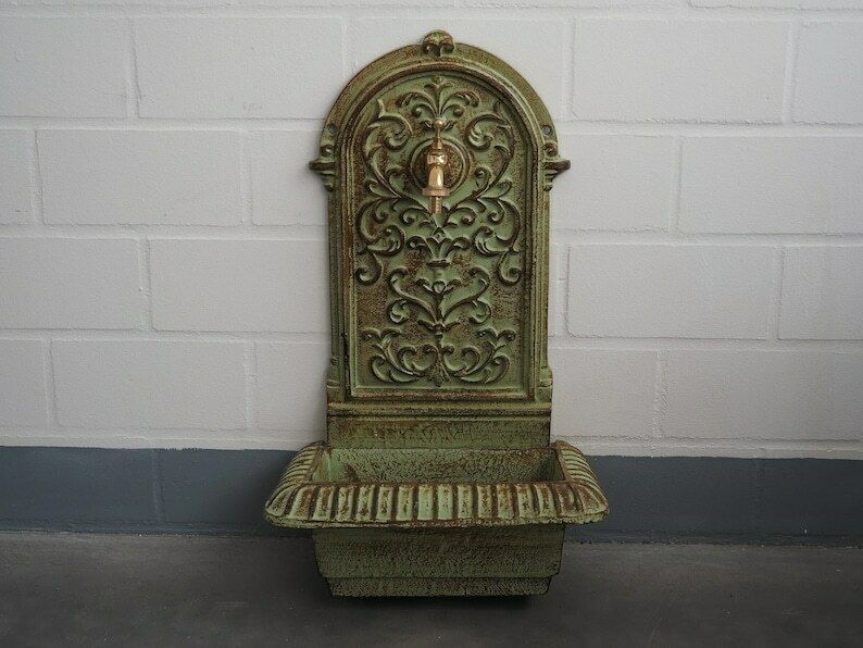 Antique Style Green Cast Iron Wall Fountain , Sink With Brass Faucet Tap, Fountain Metal Wall Sink, Patio & Wall Ornament Garden