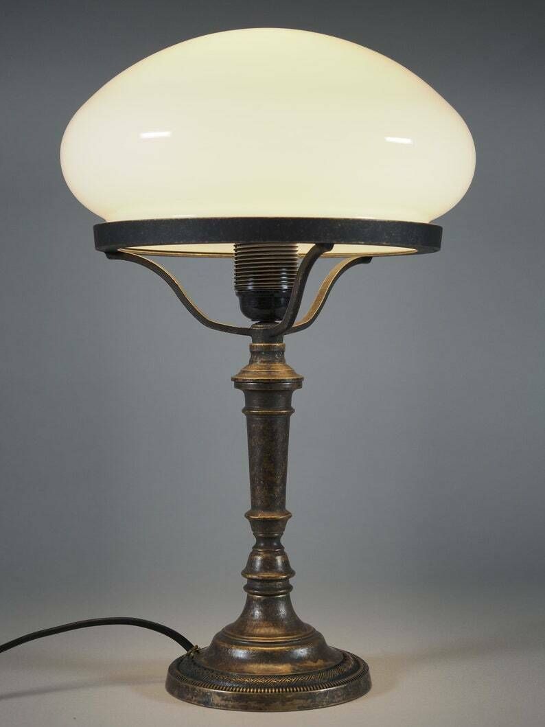 Vintage Art Deco Banker Style Table Lamp With White Glass Shade   Nightstand Lamp With Delux Design ,Elegant Desk photo furniture