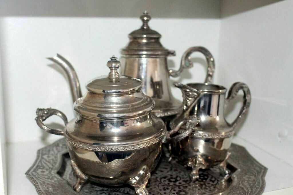 Set Of 4 Pieces Of Tea/Coffee Sugar Bowl And Milk Silver Antique Serving Set