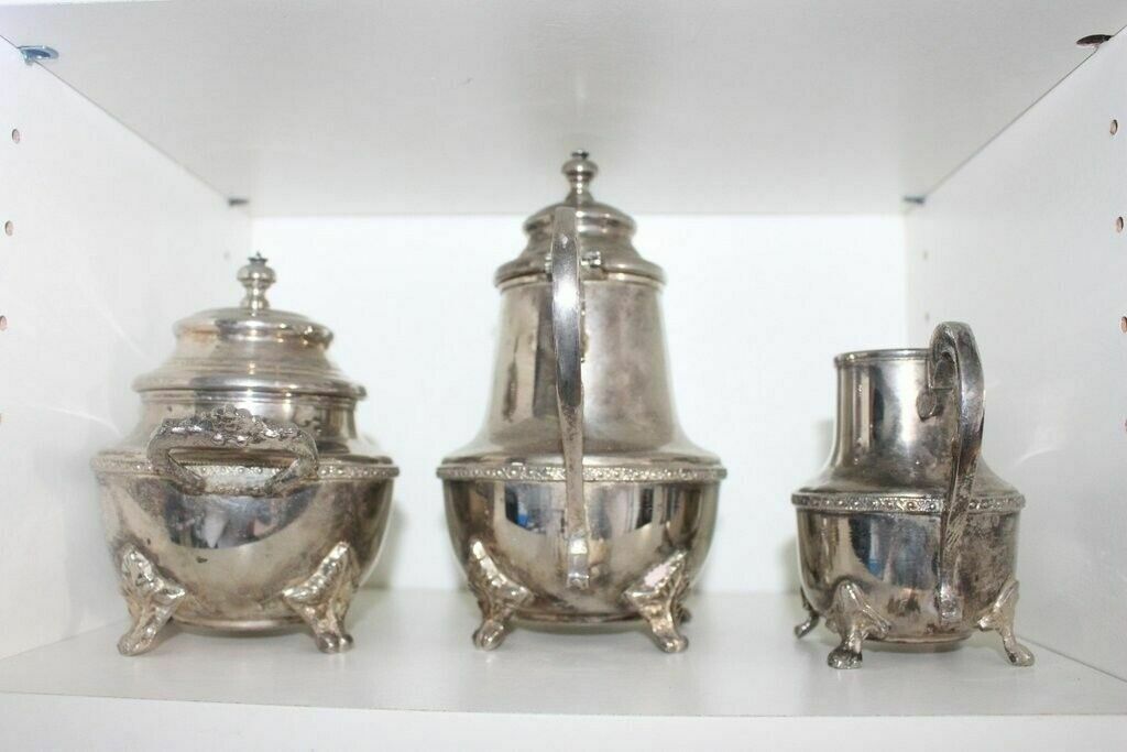 Set Of 4 Pieces Of Tea/Coffee Sugar Bowl And Milk Silver Antique Serving Set photo for sale