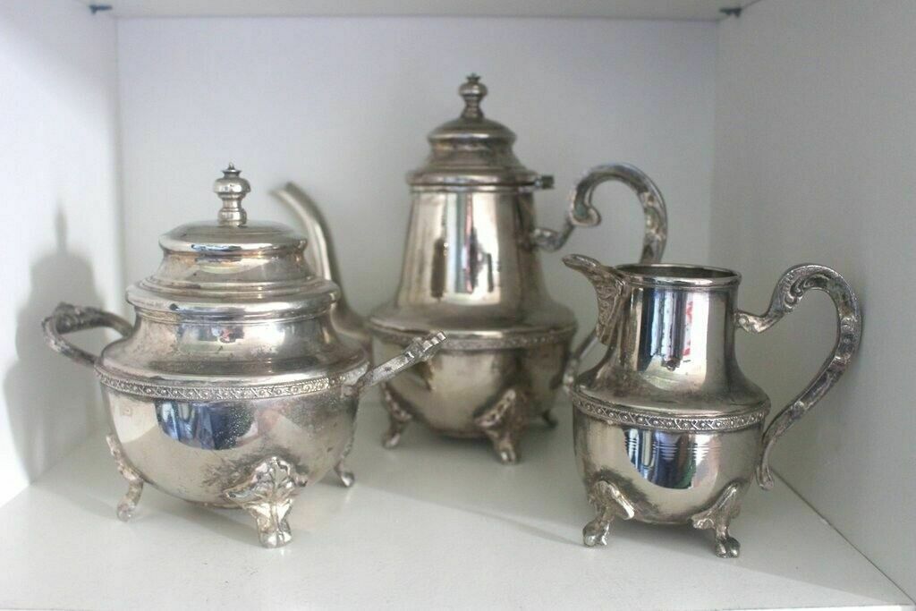 Set Of 4 Pieces Of Tea/Coffee Sugar Bowl And Milk Silver Antique Serving Set photo Home Decor