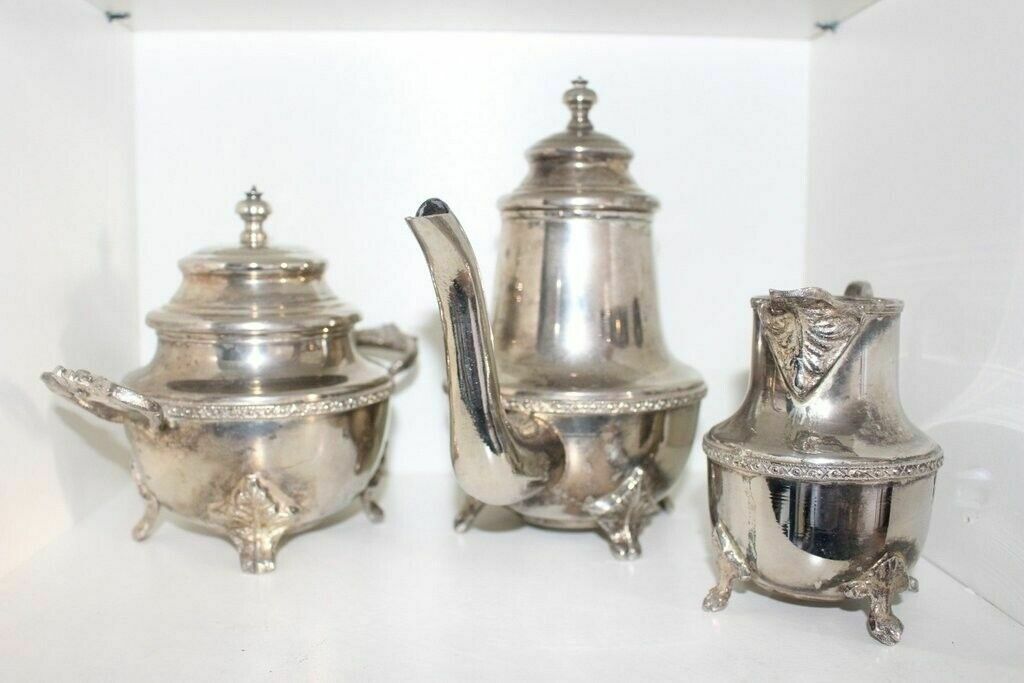 Set Of 4 Pieces Of Tea/Coffee Sugar Bowl And Milk Silver Antique Serving Set photo 113.0
