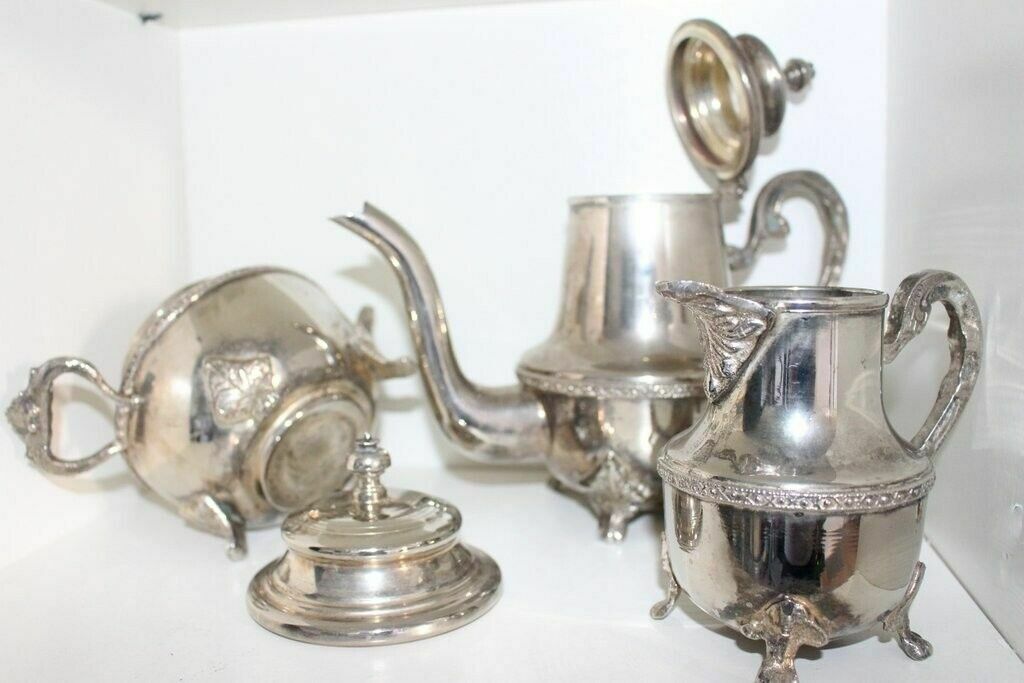 Set Of 4 Pieces Of Tea/Coffee Sugar Bowl And Milk Silver Antique Serving Set photo vinterior