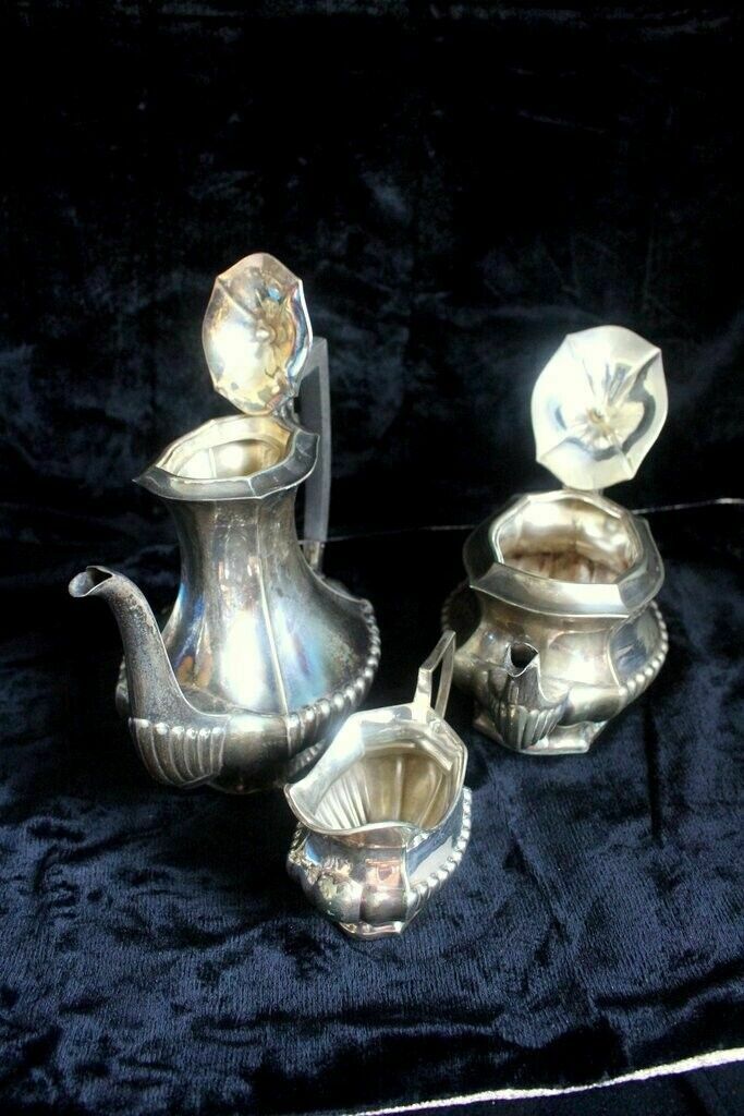 Set Of 3 Pieces Of Tea Coffee And Milk Silver Antique Serving Set photo vinterior