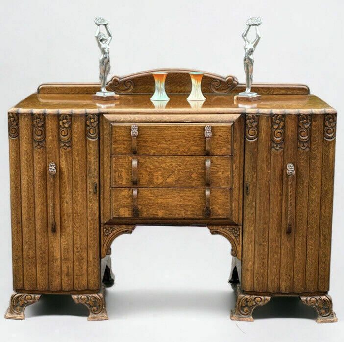 Art Deco Oak Sideboard. Circa 1930’s. Carved With Flowers Lots Of Storage