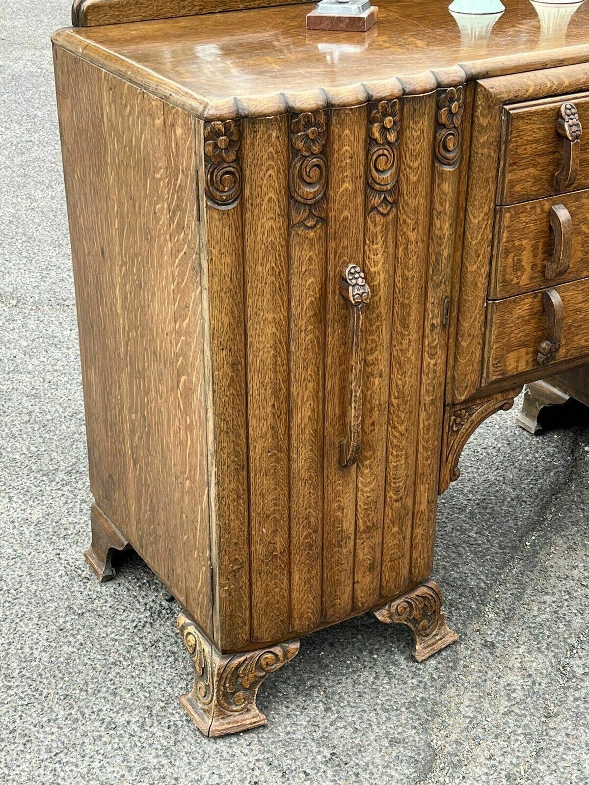 Furniture Art Deco Oak Sideboard. Circa 1930’s. Carved With Flowers Lots Of Storage photo