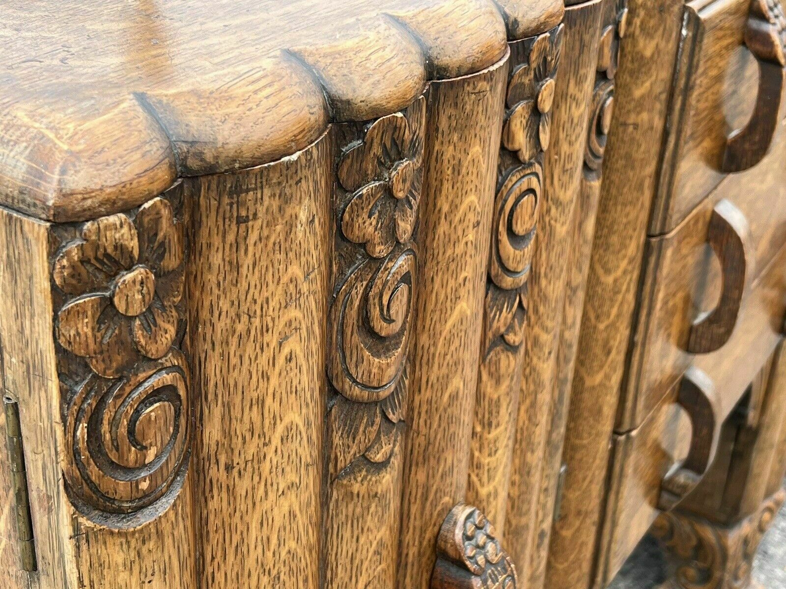 595.0 Art Deco Oak Sideboard. Circa 1930’s. Carved With Flowers Lots Of Storage photo