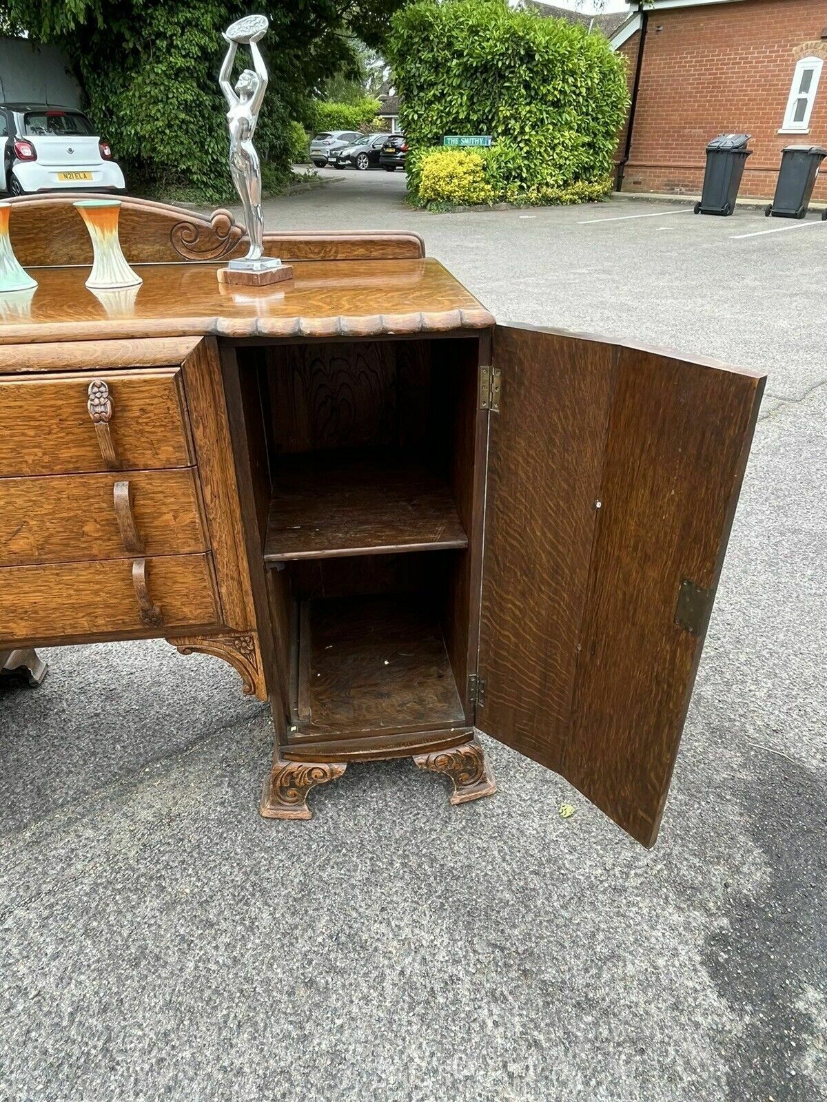 photo vintage Art Deco Oak Sideboard. Circa 1930’s. Carved With Flowers Lots Of Storage