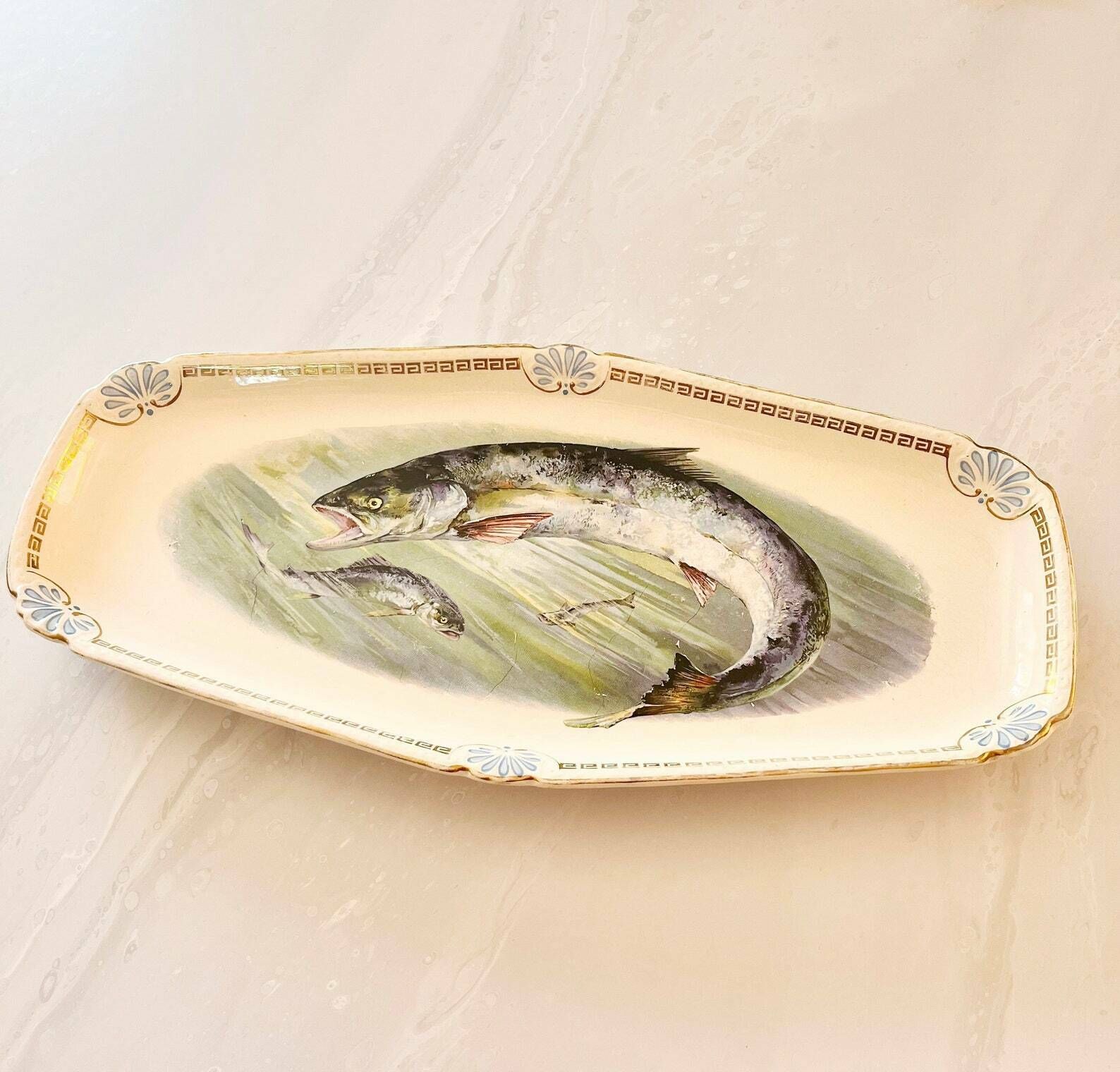 Antique Fish Platter, Antique Serving Dish, French Ceramic Platter, German Ceramic Serving Dish By Franz Antone Mehlem, Bonn Pottery Germany photo furniture