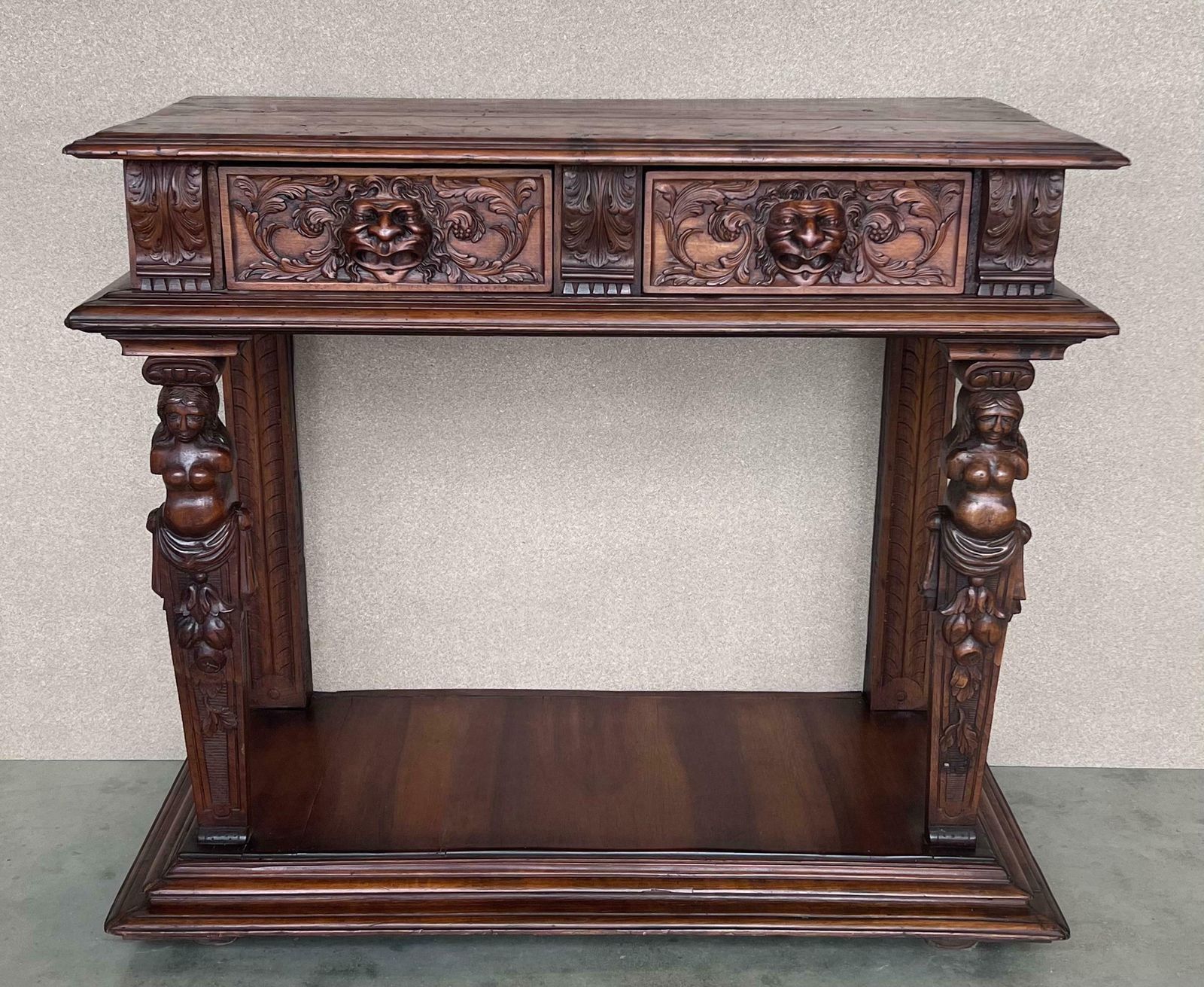 Console sculptée de style Renaissance, plateau en marbre beige, XIXe siècle photo furniture