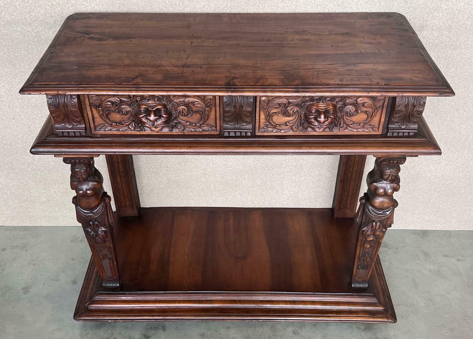 Console sculptée de style Renaissance, plateau en marbre beige, XIXe siècle photo vinterior