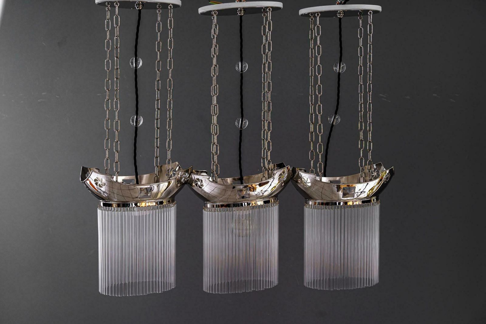 3x Art Deco Nickel Plated Pendants With Glass Sticks Vienna Around 1920s photo furniture
