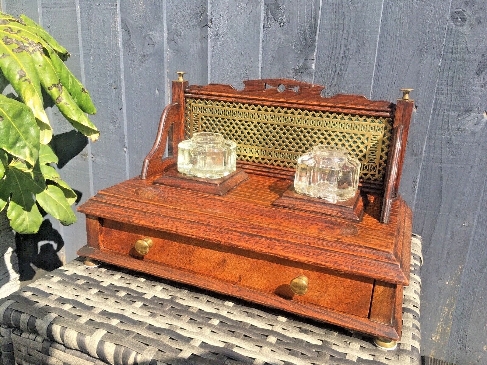 Ornate Antique Oak Brass Glass Inkwell Desk Tidy Stand Drawer Stationary Pen Box