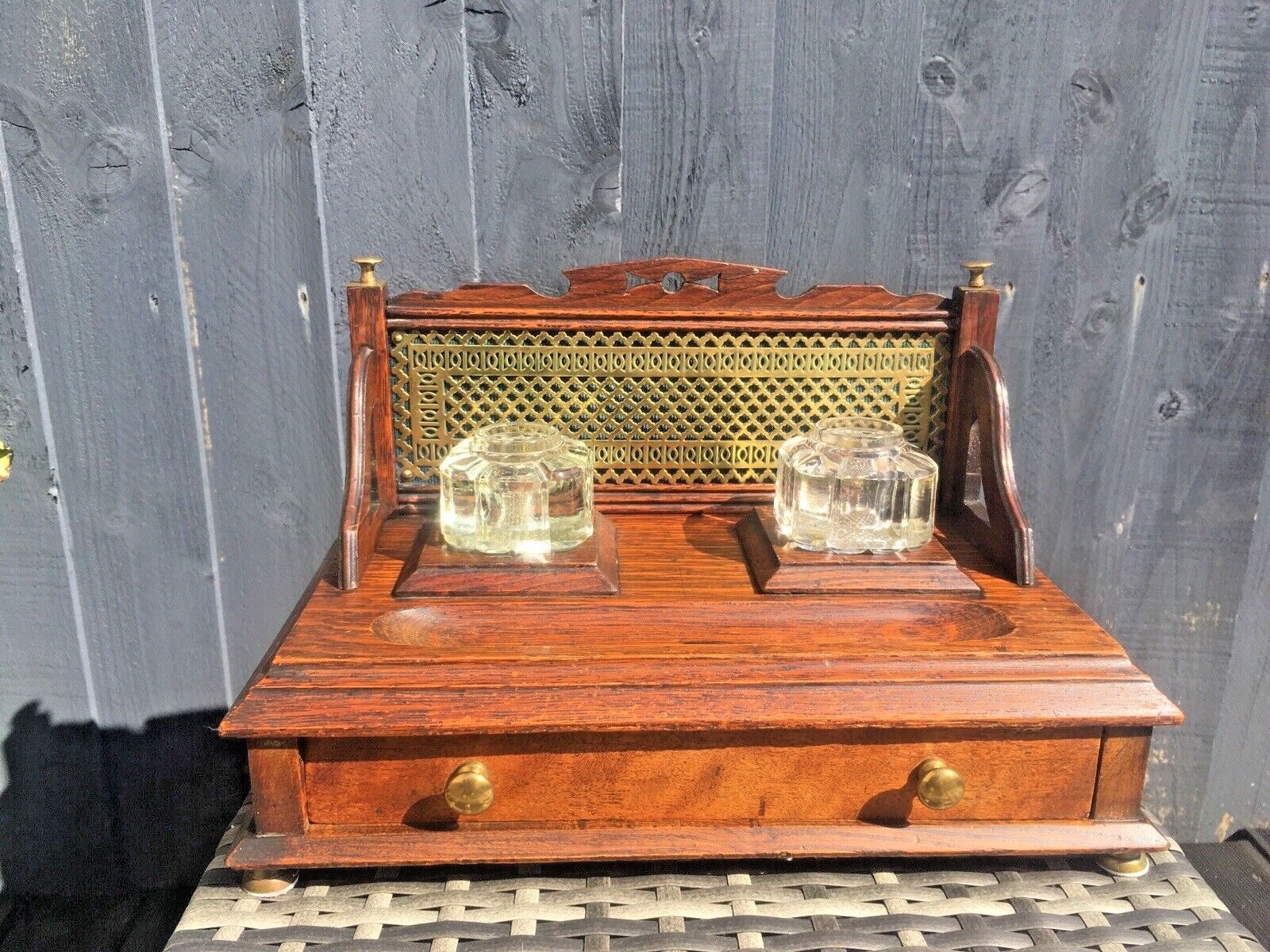 Ornate Antique Oak Brass Glass Inkwell Desk Tidy Stand Drawer Stationary Pen Box photo furniture