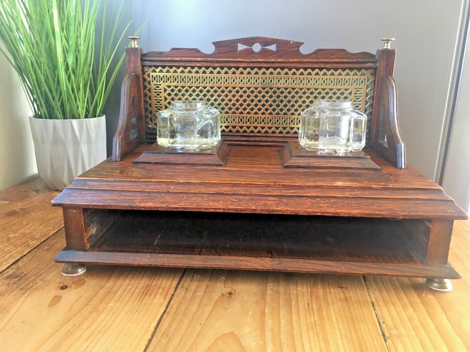 Ornate Antique Oak Brass Glass Inkwell Desk Tidy Stand Drawer Stationary Pen Box photo buy