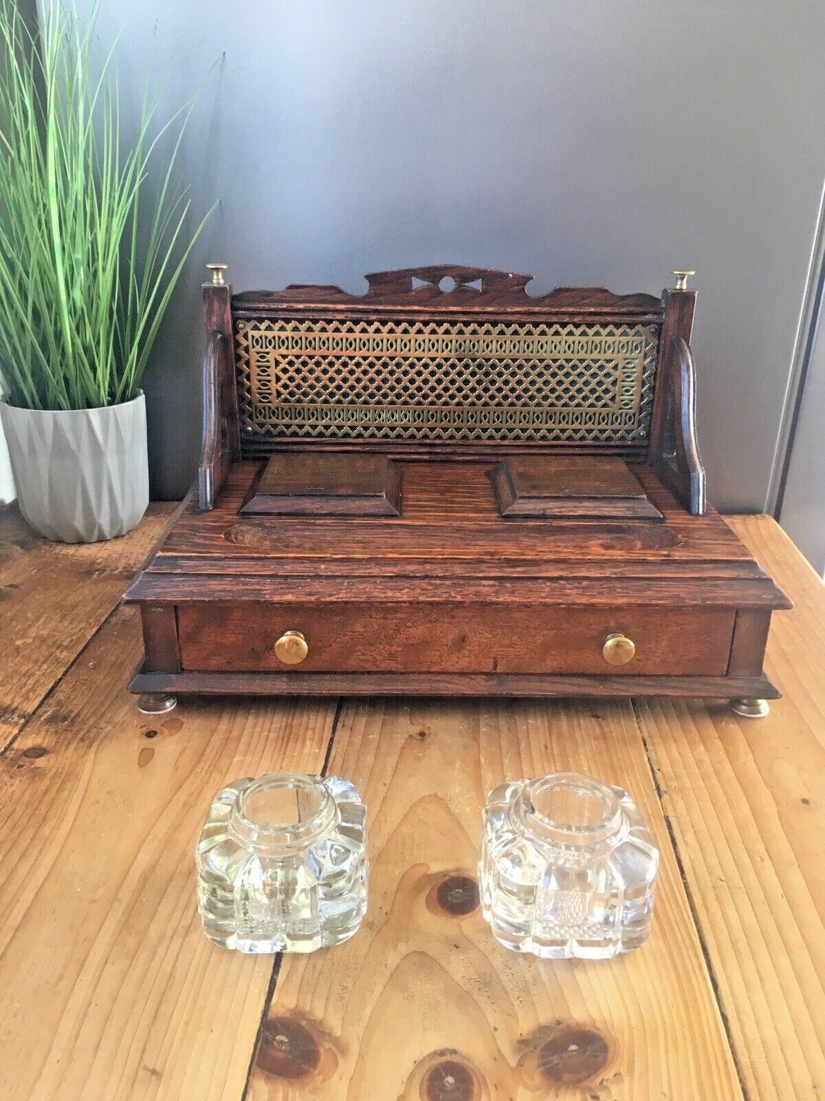 Ornate Antique Oak Brass Glass Inkwell Desk Tidy Stand Drawer Stationary Pen Box photo vintage