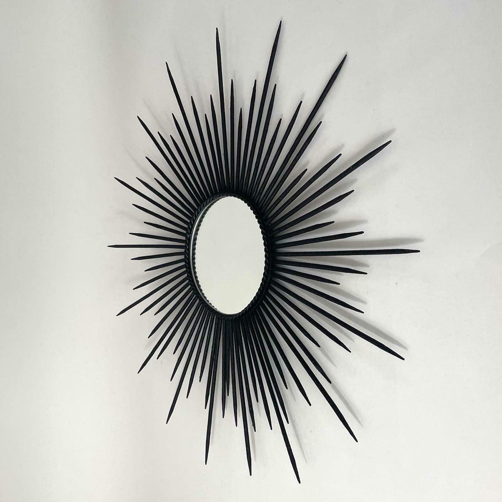 Brutalist Black Wrought Iron Sunburst Mirror, France 1950s photo for sale