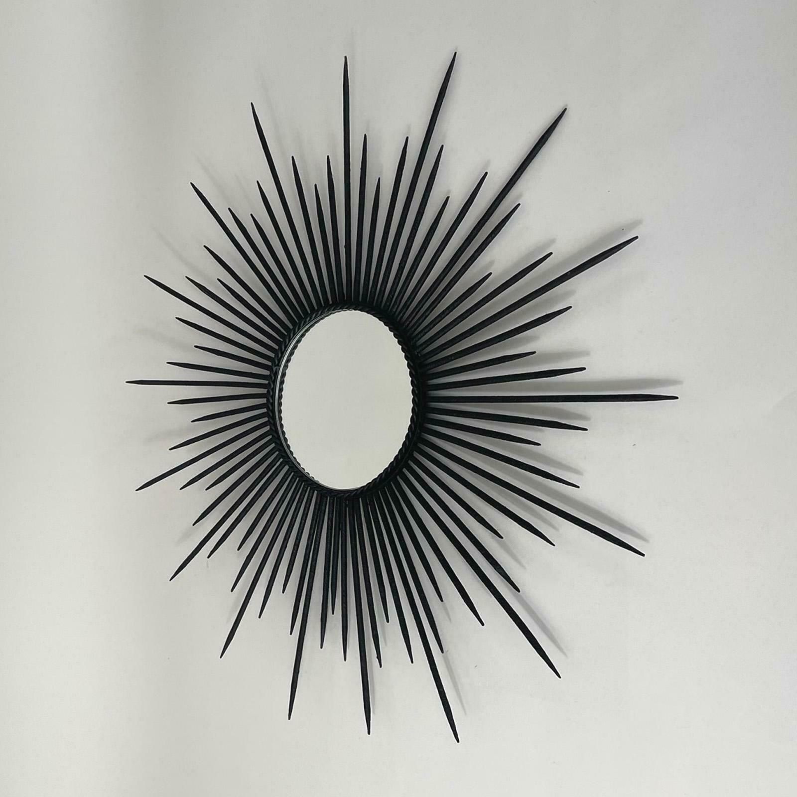 photo for sale Brutalist Black Wrought Iron Sunburst Mirror, France 1950s