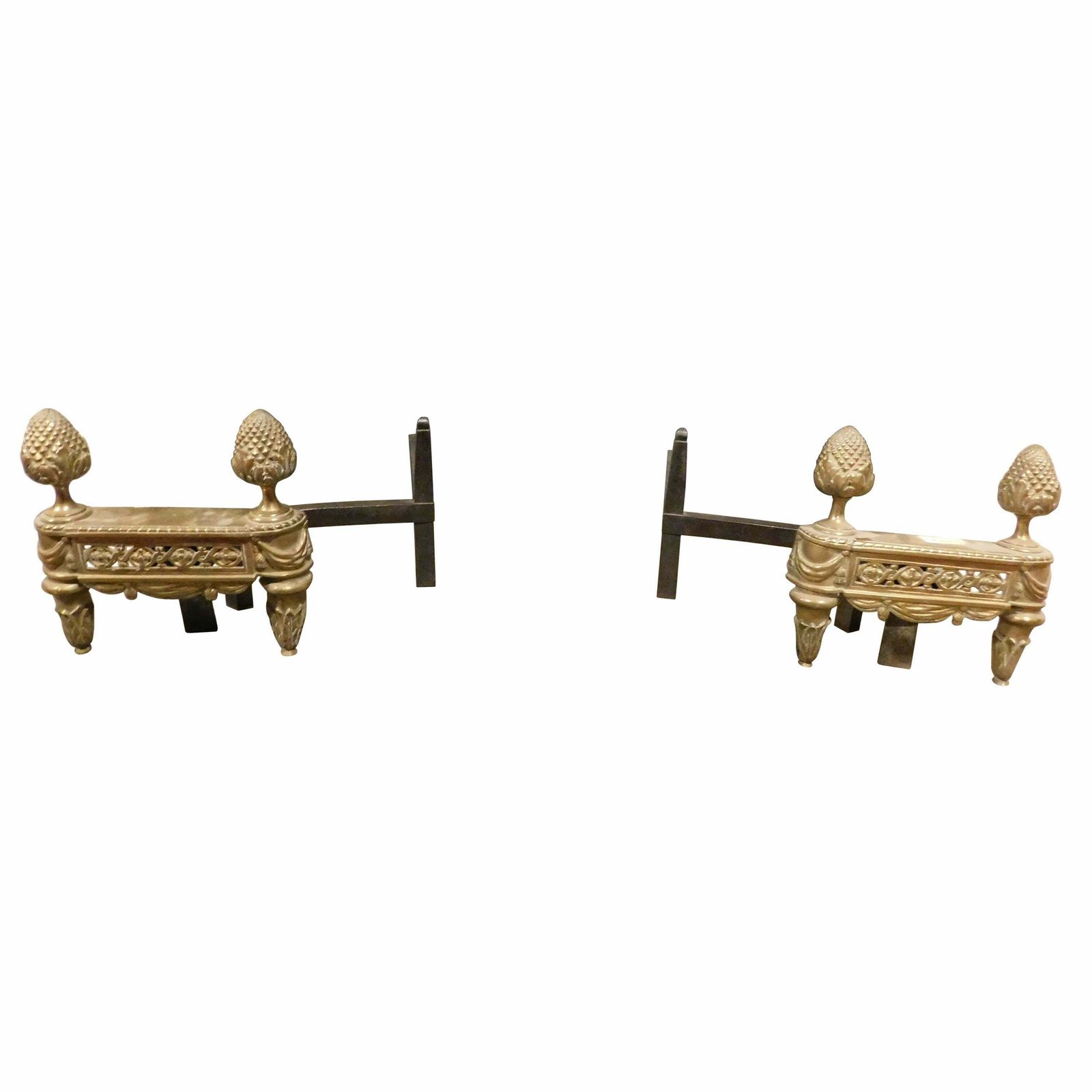 Pair Of Antique Fire Dogs In Gilded Bronze Richly Decorated With Pine Cones, '800
