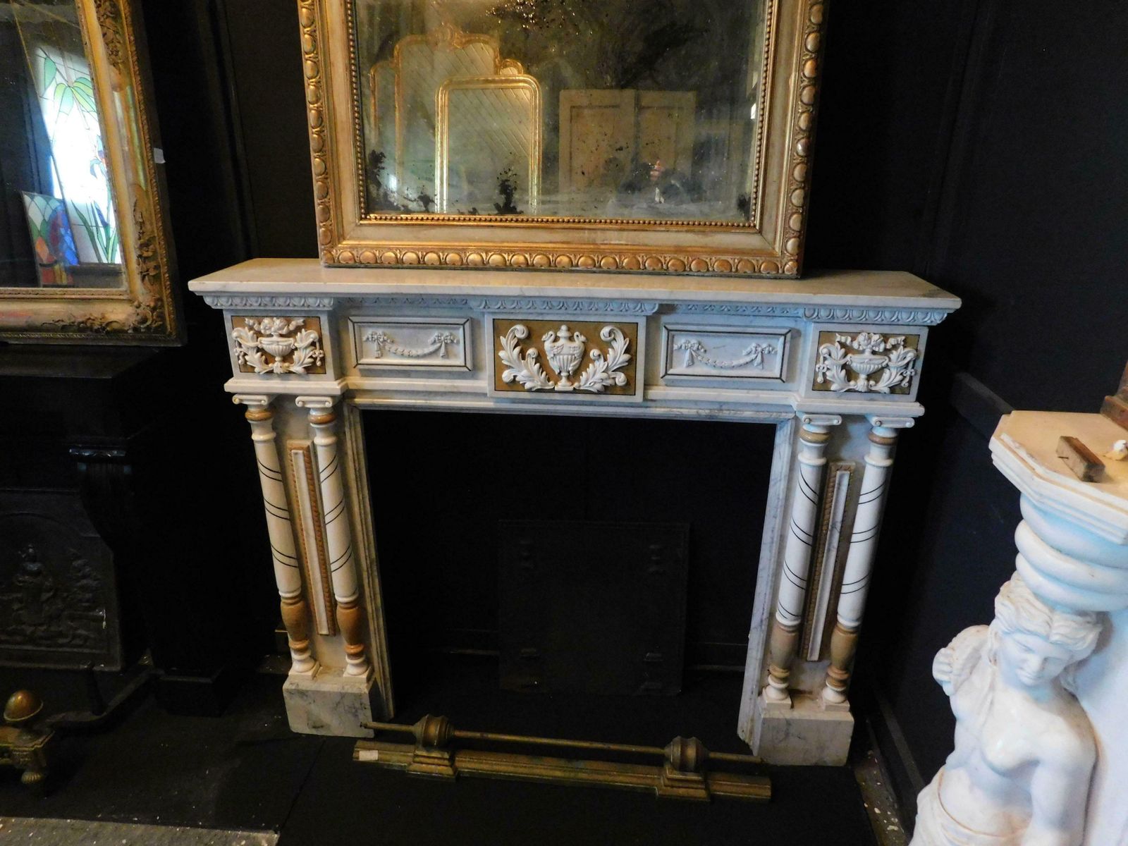 Vintage Fireplace In Carved And Inlaid White Marble, Early 1900s, Italy photo for sale