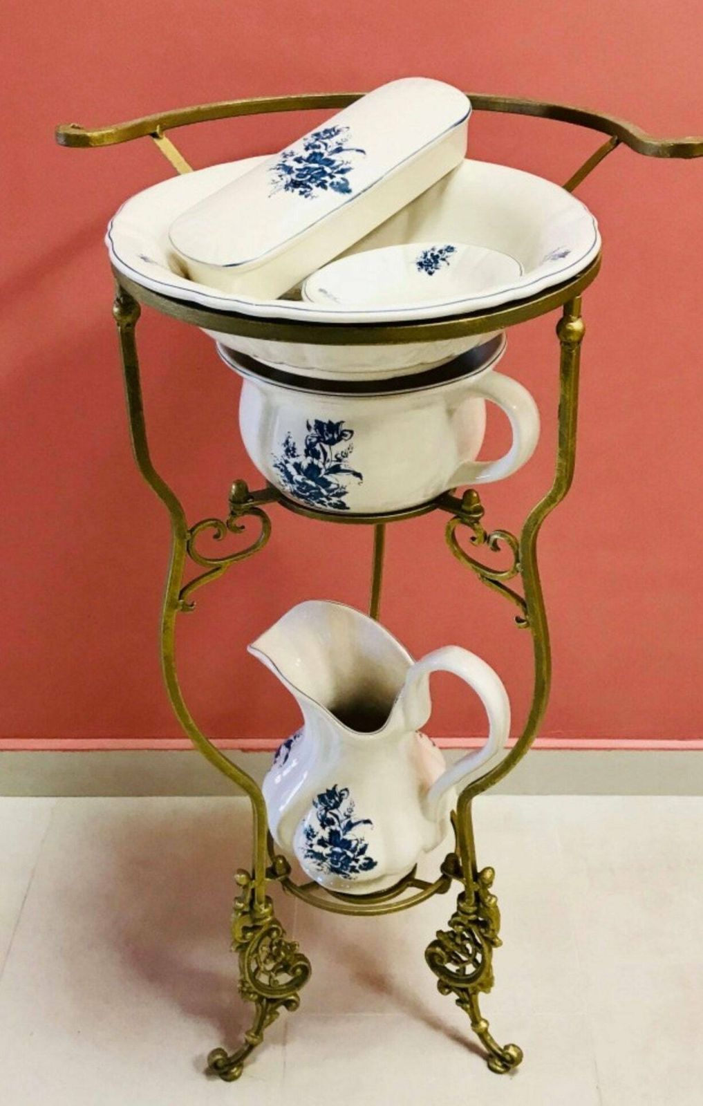 Ceramic Bath Set On Stand, Vintage Bathroom Set, Floral Ornaments, Antique Home Decor 1960