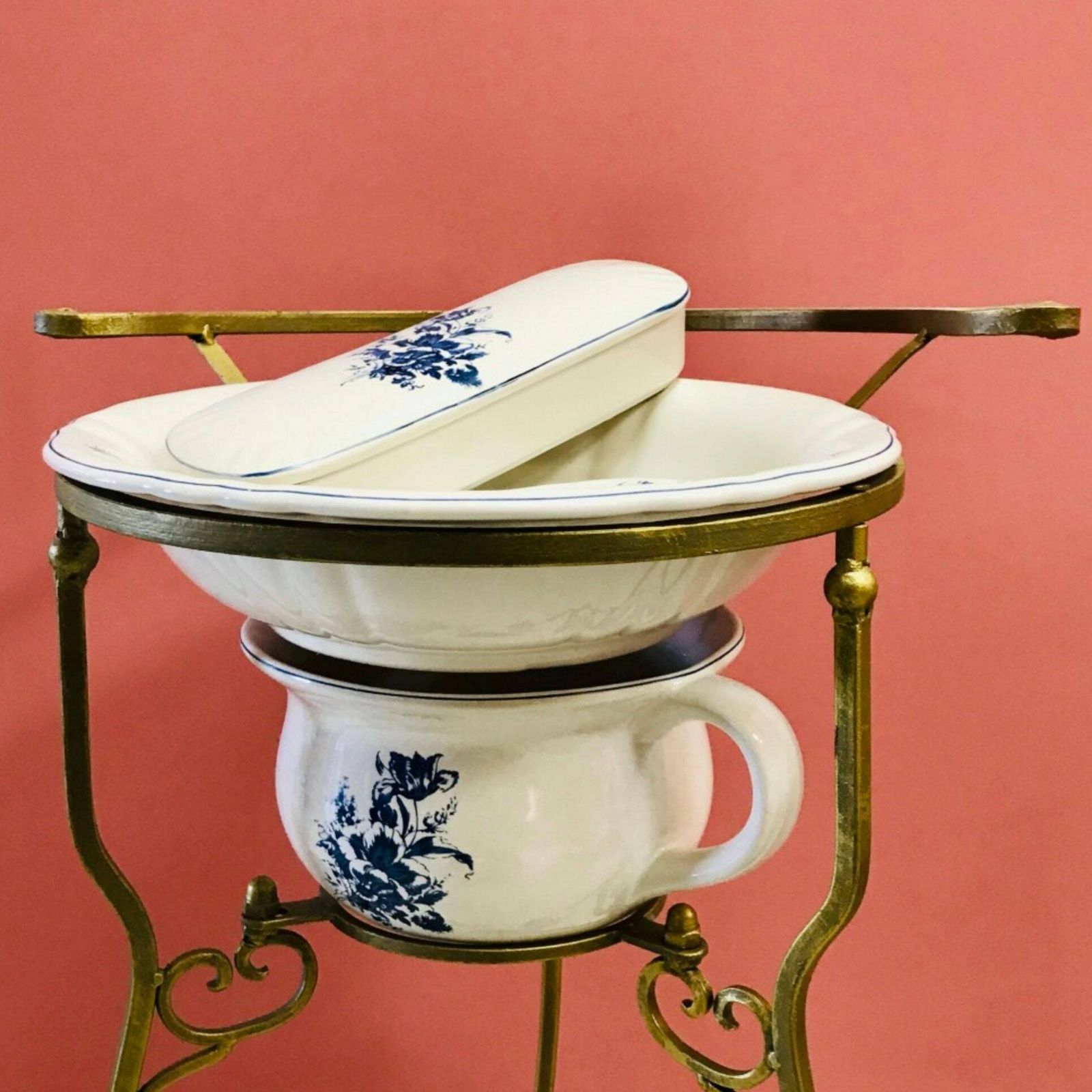 Ceramic Bath Set On Stand, Vintage Bathroom Set, Floral Ornaments, Antique Home Decor 1960 photo furniture