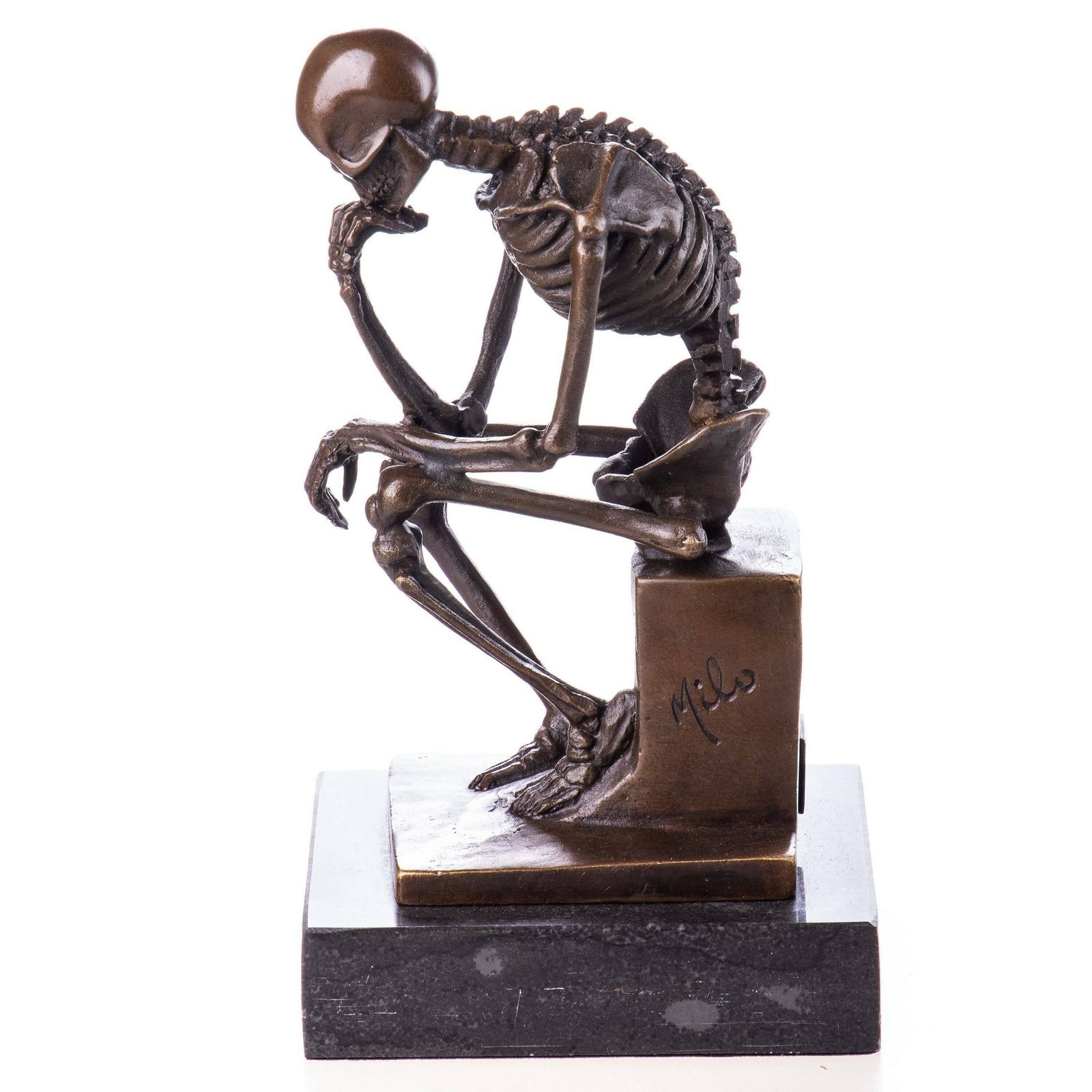 Thinking Skeleton Bronze Sculpture, Figure On Marble Base, Vintage Figurine, Signed Statue, Gift Idea