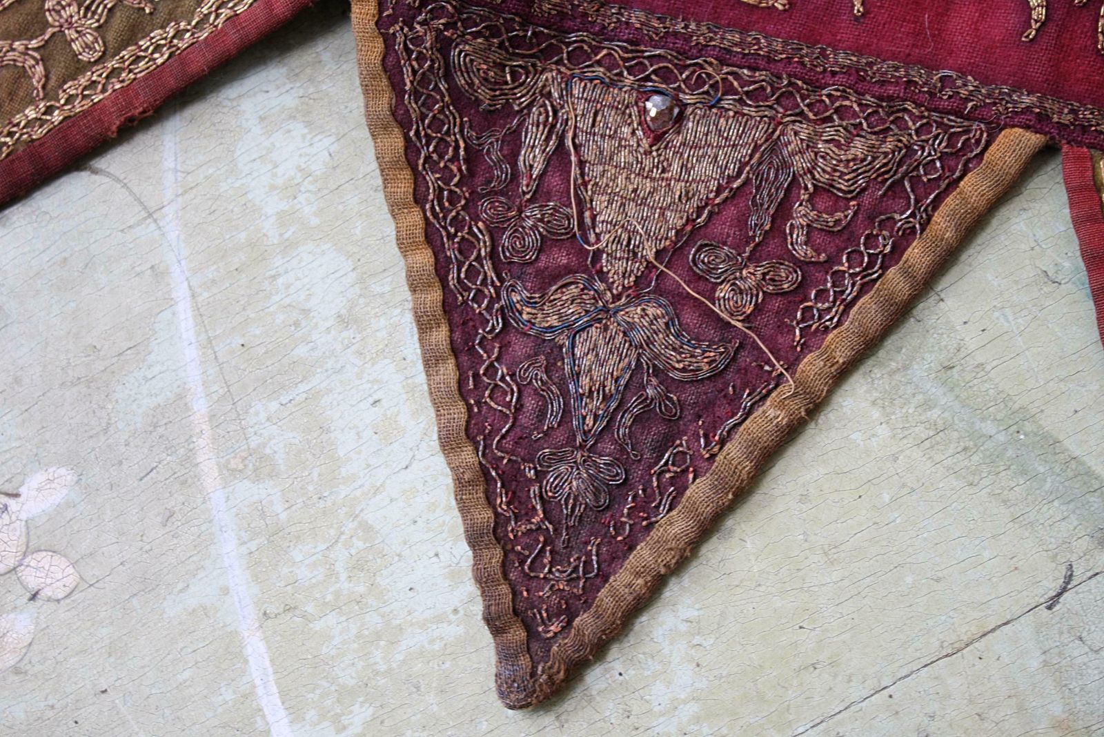 Pair Of Early 20th C Afghan Bejewelled & Gold Cotton Embroidered Door Pelmets photo vintage