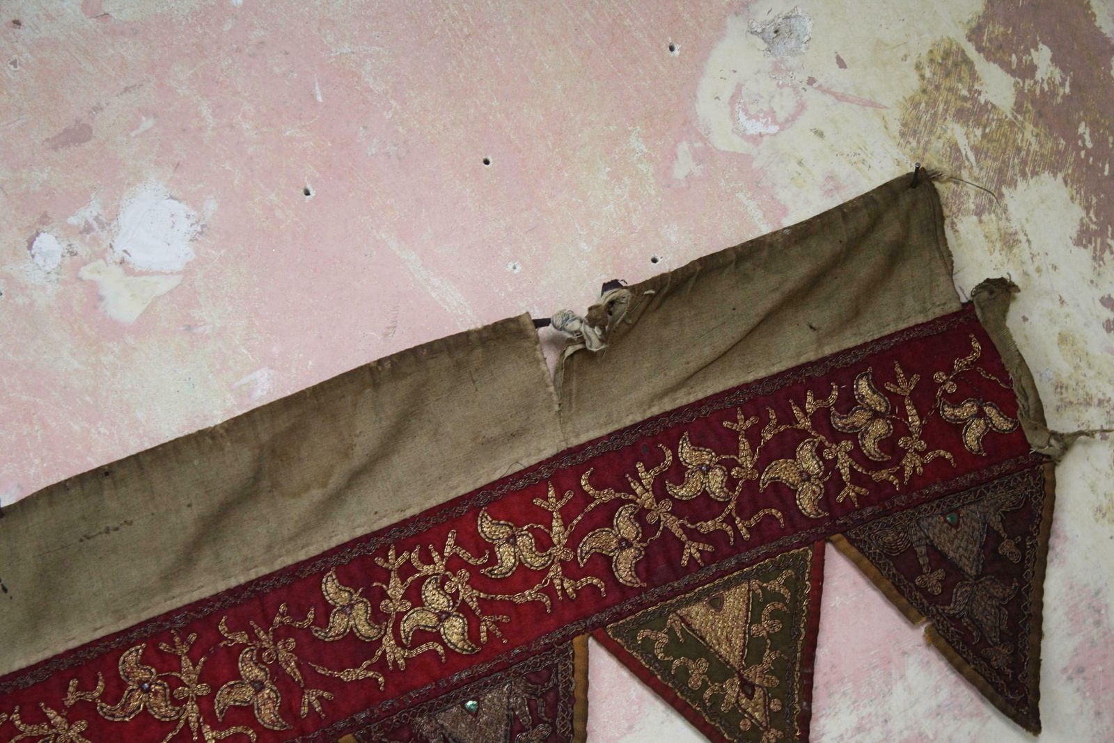 Textiles Pair Of Early 20th C Afghan Bejewelled & Gold Cotton Embroidered Door Pelmets photo