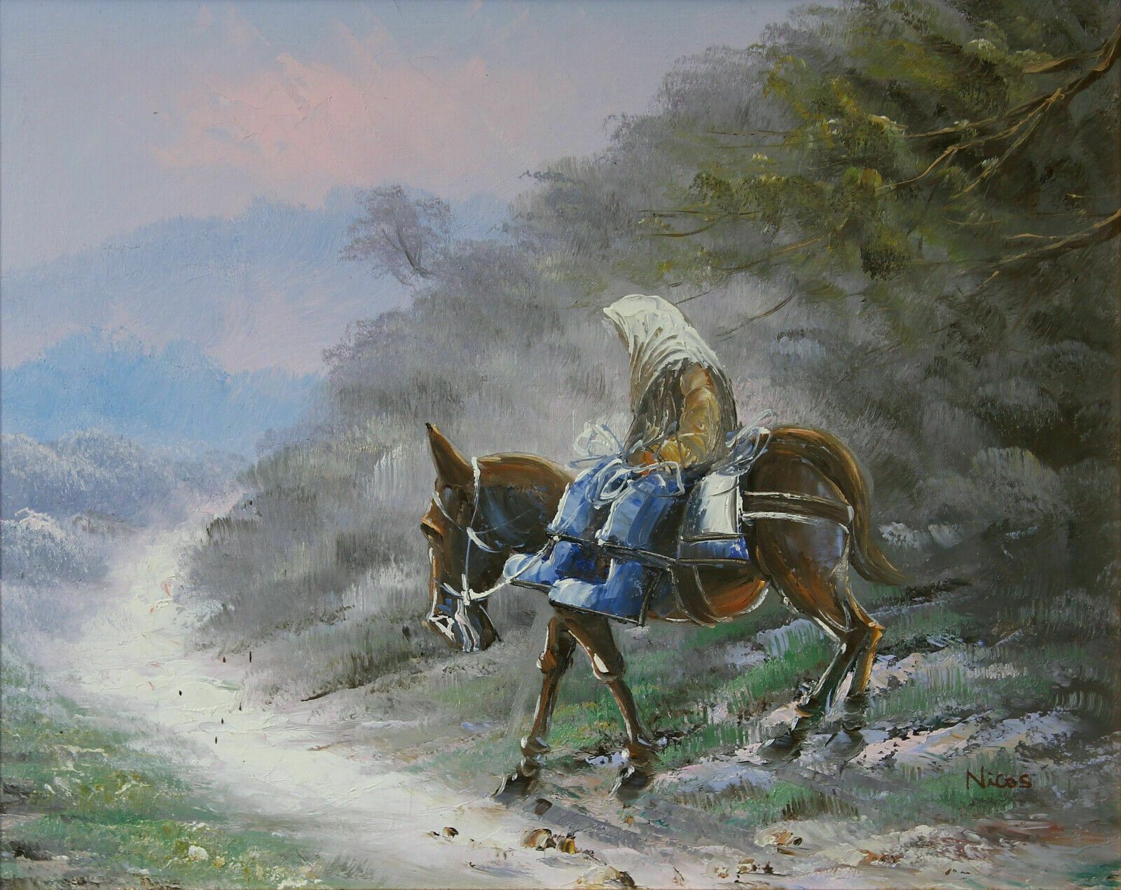Oil On Board Of Woman Riding A Donkey By Nicos photo furniture