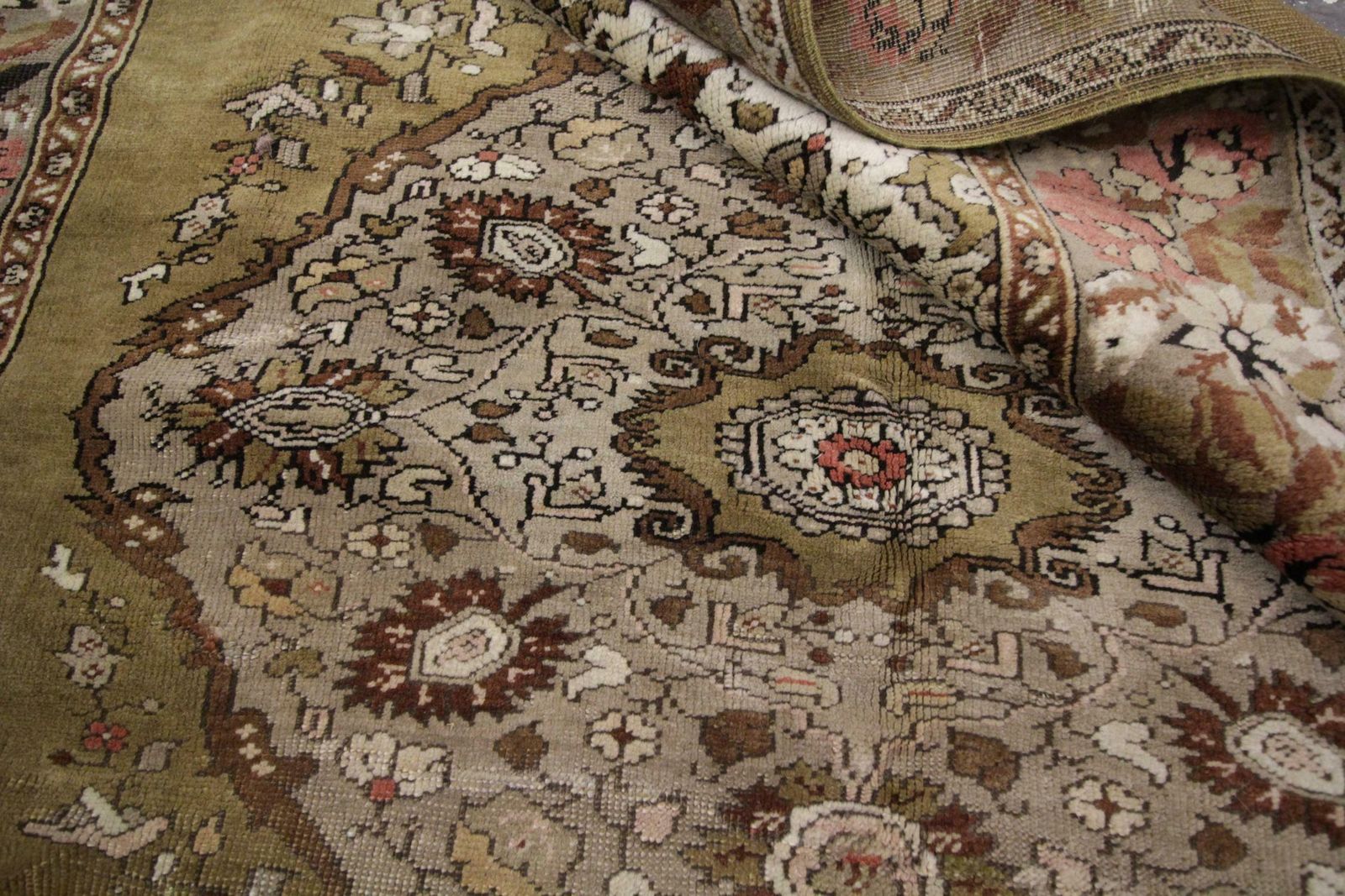 photo for sale Handmade Carpet Area Oriental Rug, Antique Green Wool Living Room Rug For Sale