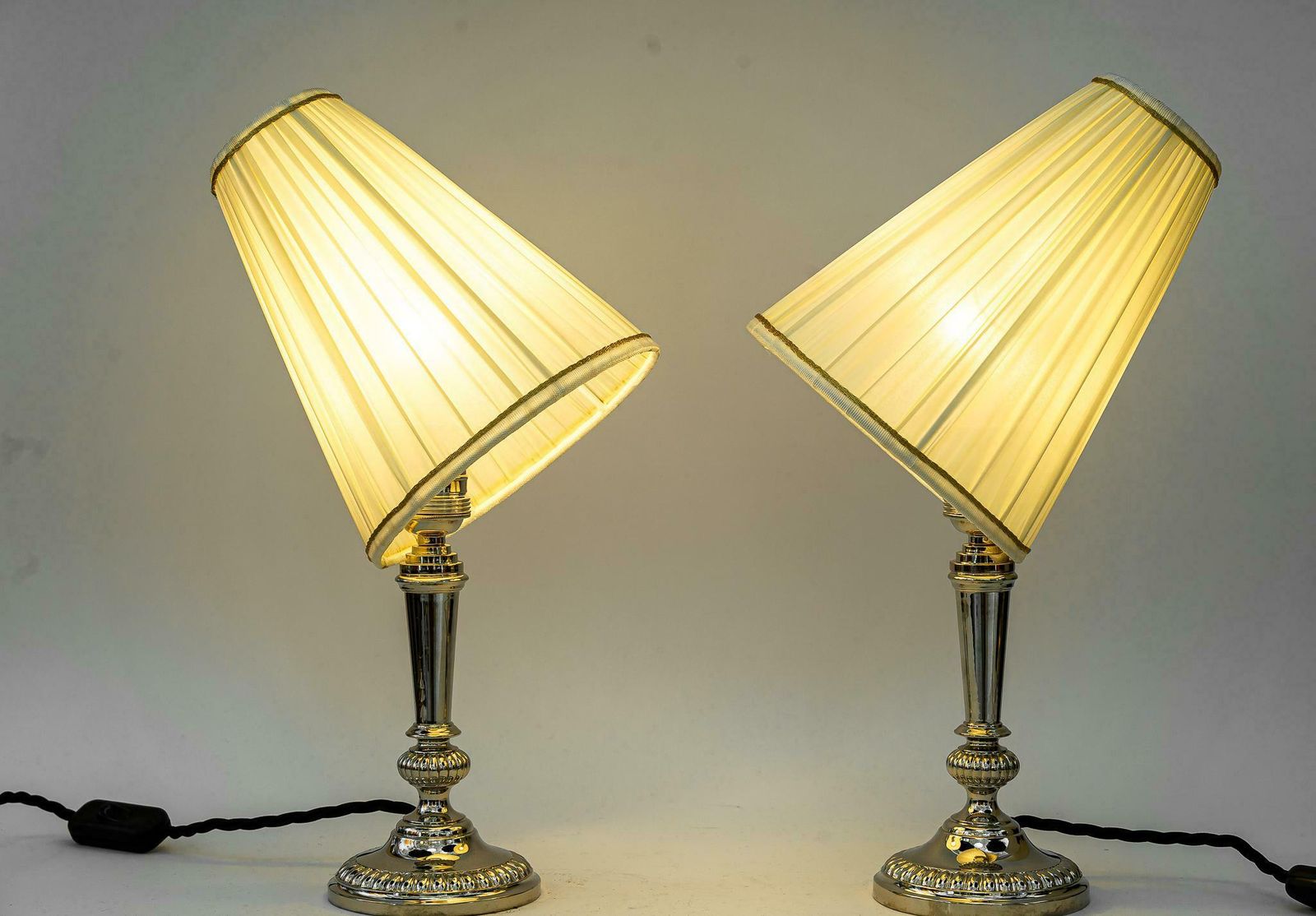Lighting 2 Art Deco Nickel, Plated Table Lamps With Fabric Shades, Vienna, Around 1920s photo