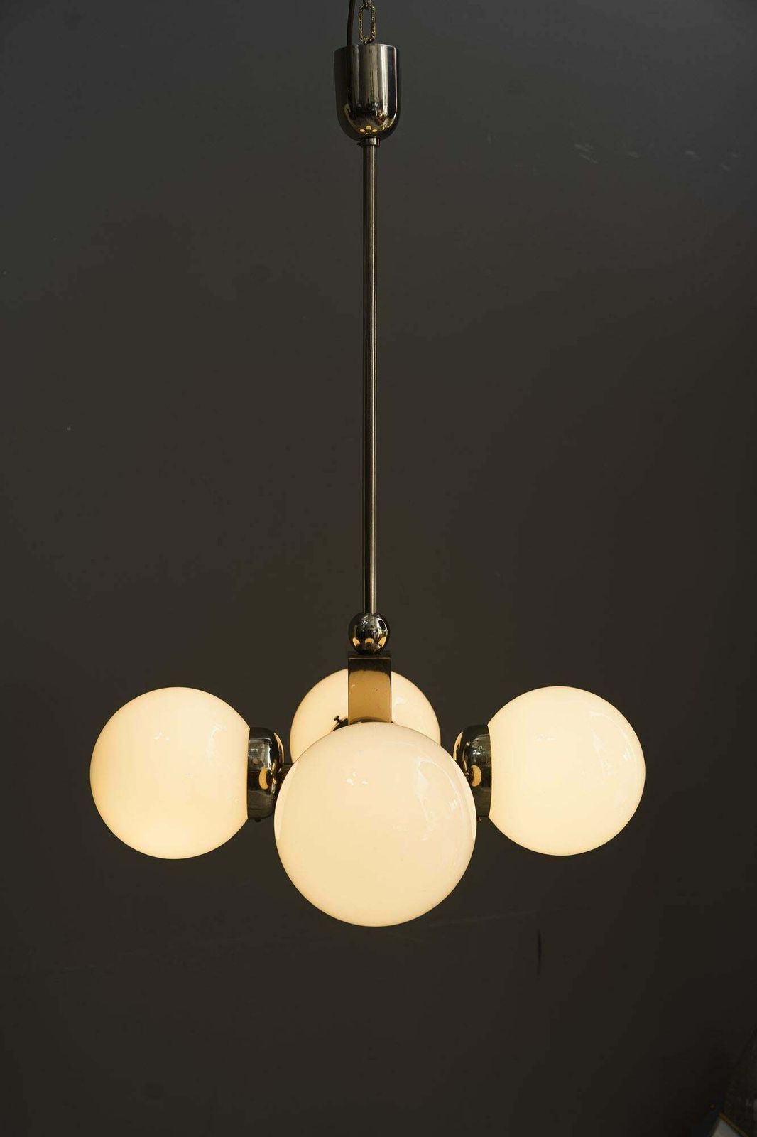 photo buy Nickel Plated Art Deco Chandelier With Opal Glass Shades Vienna Around 1920s