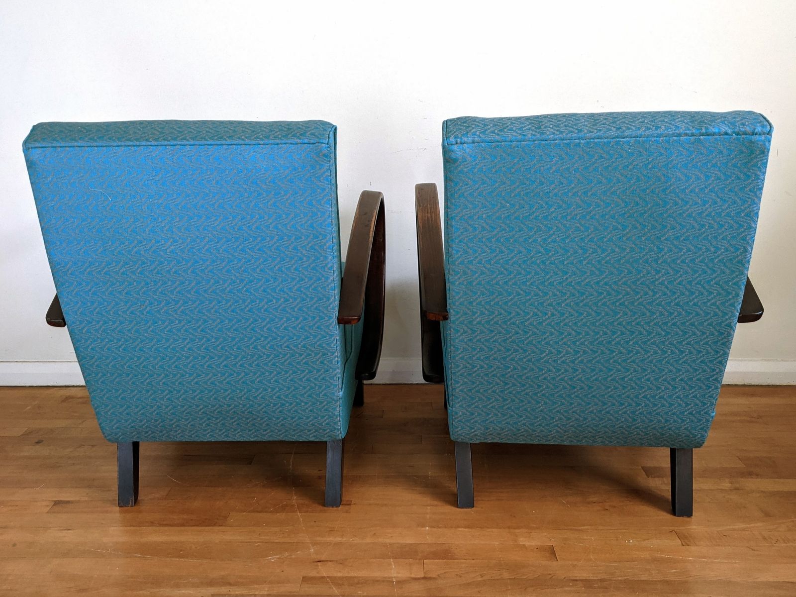 A Pair Of Jindrich Halabala 1930's Bent Wood Armchairs Recovered In Blue Teal Wool photo for sale